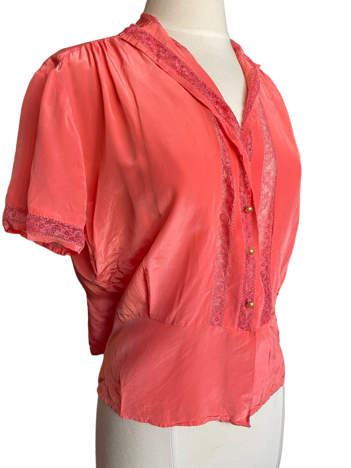 Front left side view of Vintage 1940s Satin Coral Blouse | Seattle True Vintage | Barn Owl Ladies Vintage