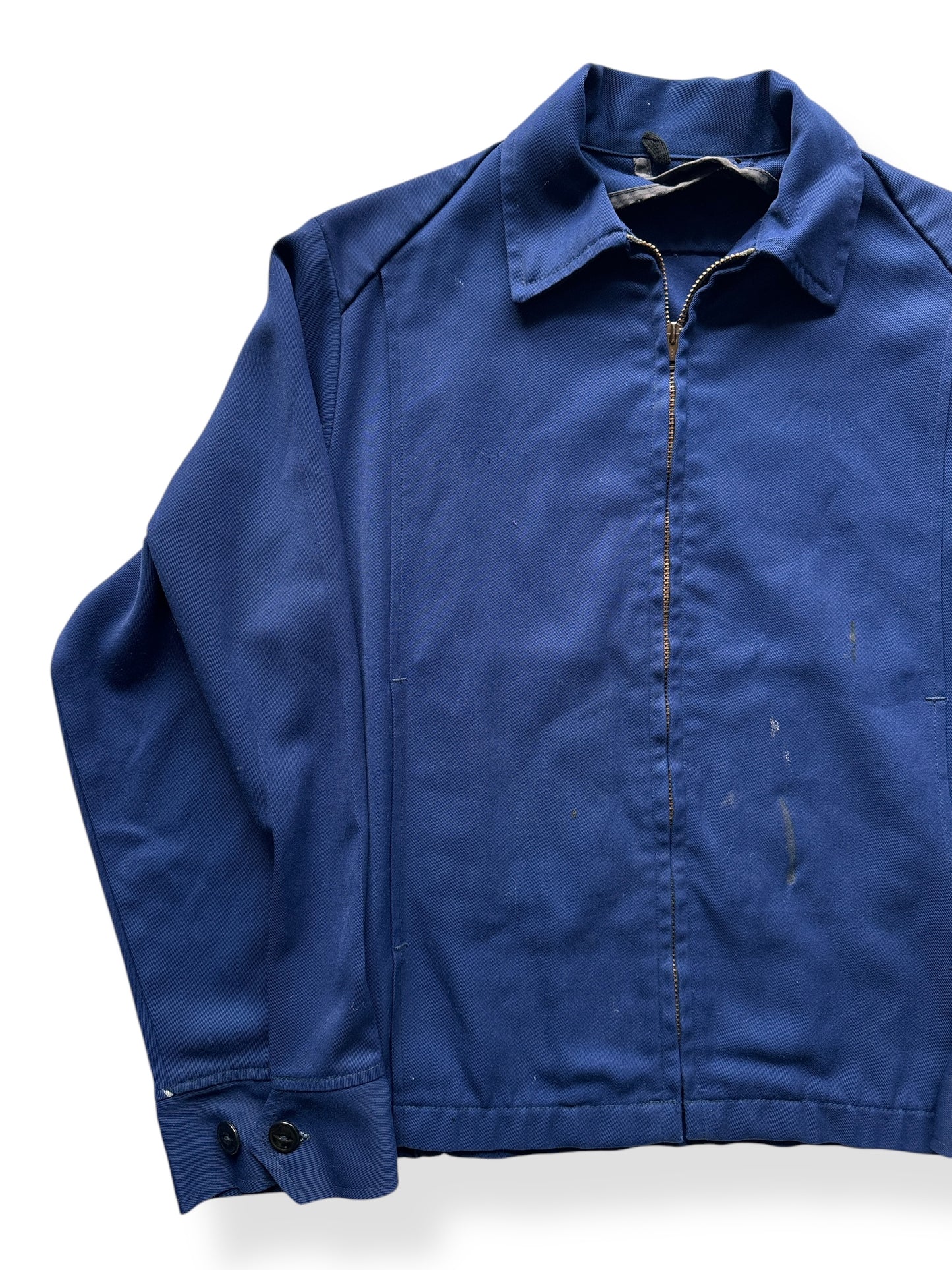 Front Right of Vintage Unitog Koratron Blue Shop Jacket SZ 48
