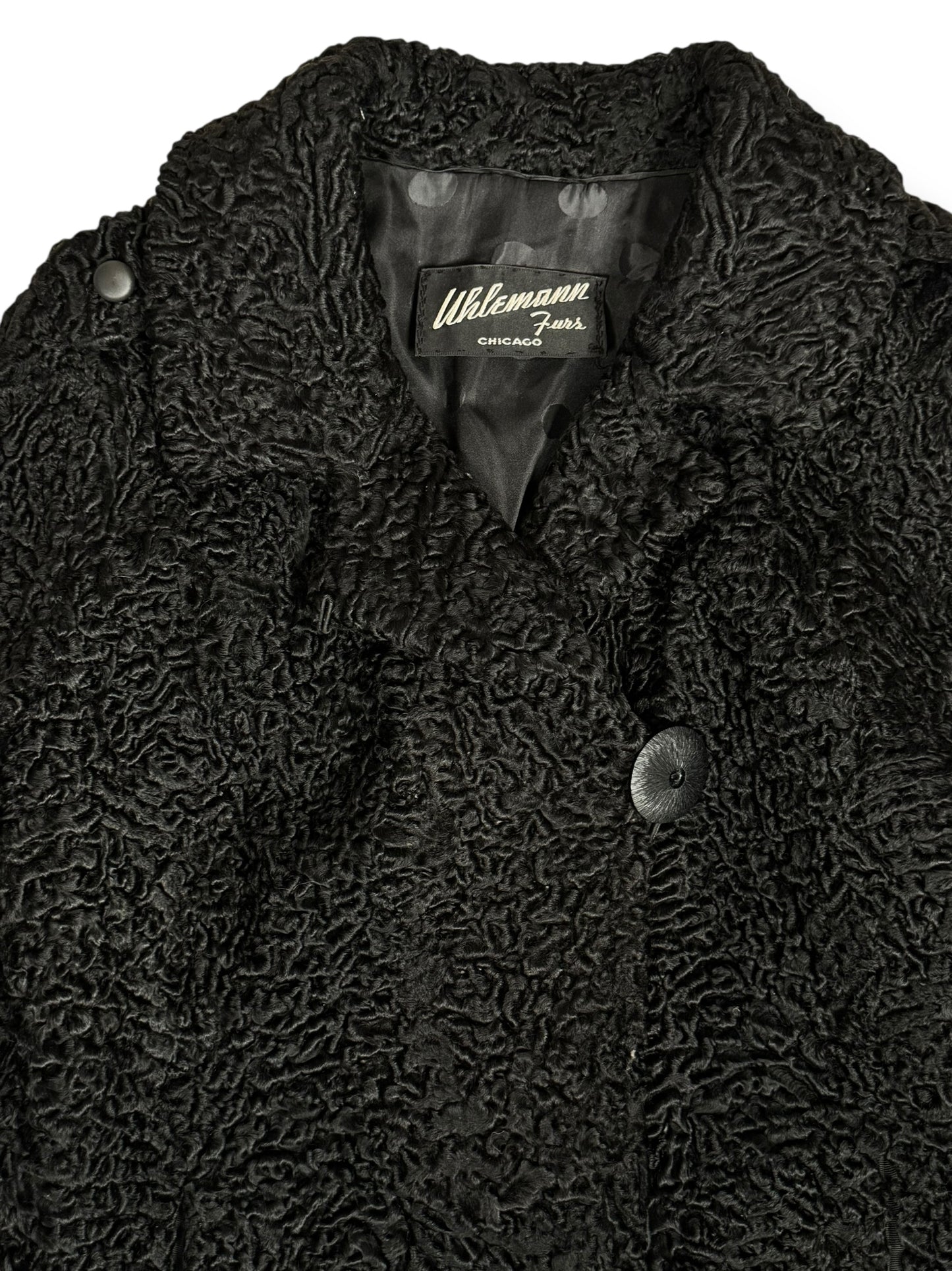 Collar view of 1960s Uhlemann Furs Curly Lamb Coat L