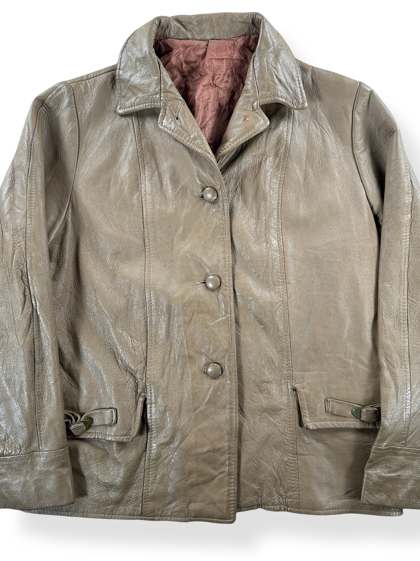 Front Close Up of Vintage Womens 40s-50s Light Brown Leather Jacket SZ L