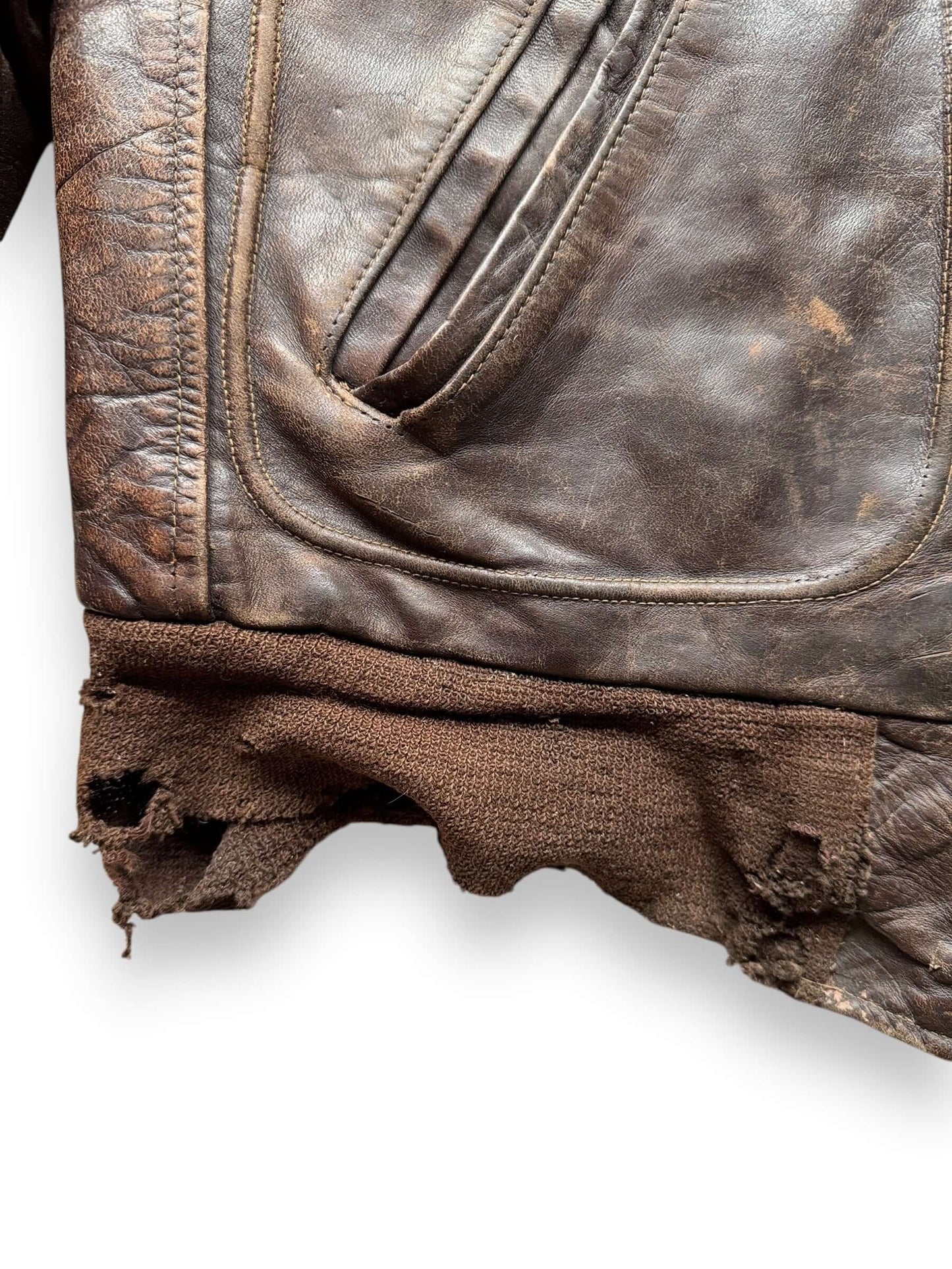 thrashed waistband on Vintage Thrashed Hercules Horsehide Leather Jacket SZ M