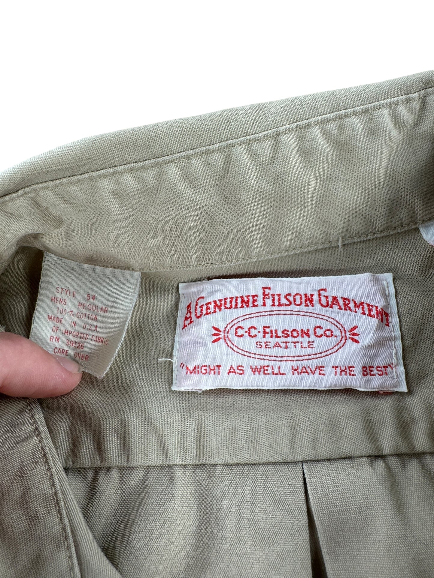 Label on Vintage Filson Short Sleeve Lightweight Guide Shirt SZ L