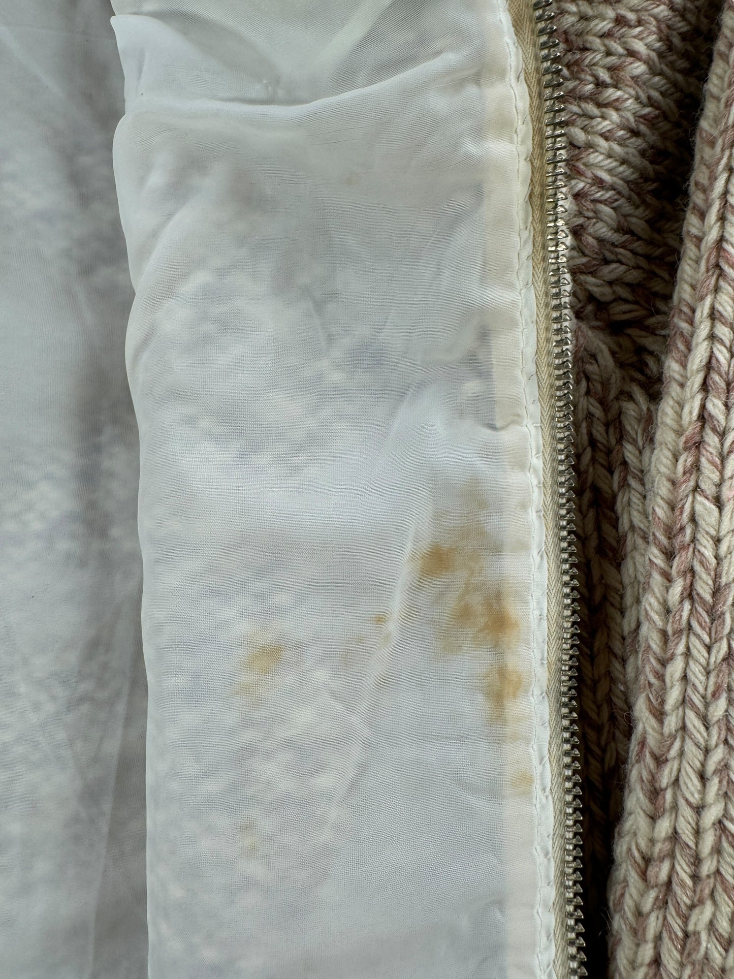 Liner Stains on Vintage Beige and Red Cowichan Style Sweater SZ M