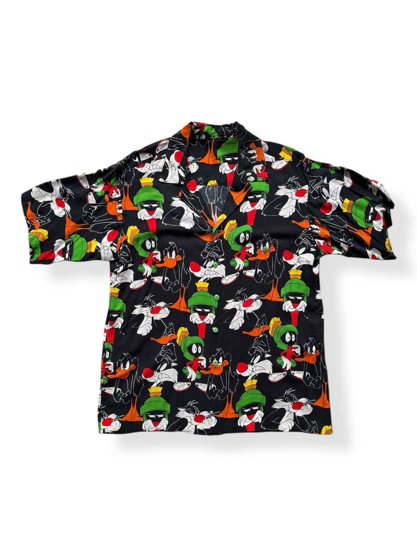 Front of Vintage Black Marvin the Martian Daffy Button Up SZ XL