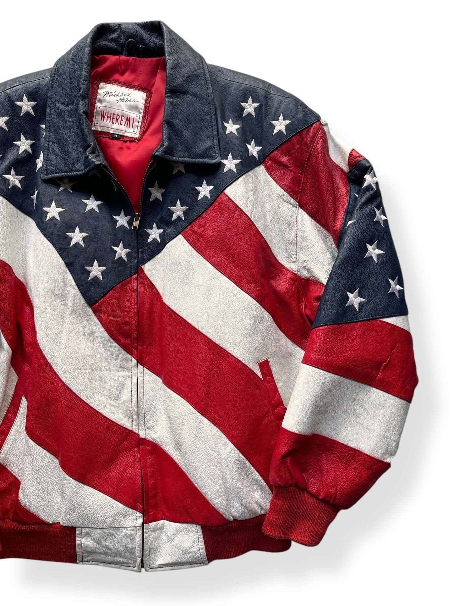 Front Left of Vintage Michael Hoban WhereMI Flag Leather Jacket SZ M