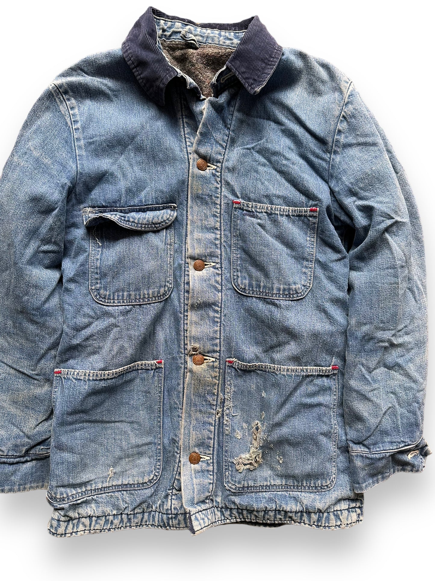 Front Detail on Vintage Wrangler Blanket Lined Denim Chore Coat SZ 34 | Seattle Vintage Workwear | Barn Owl Vintage Seattle