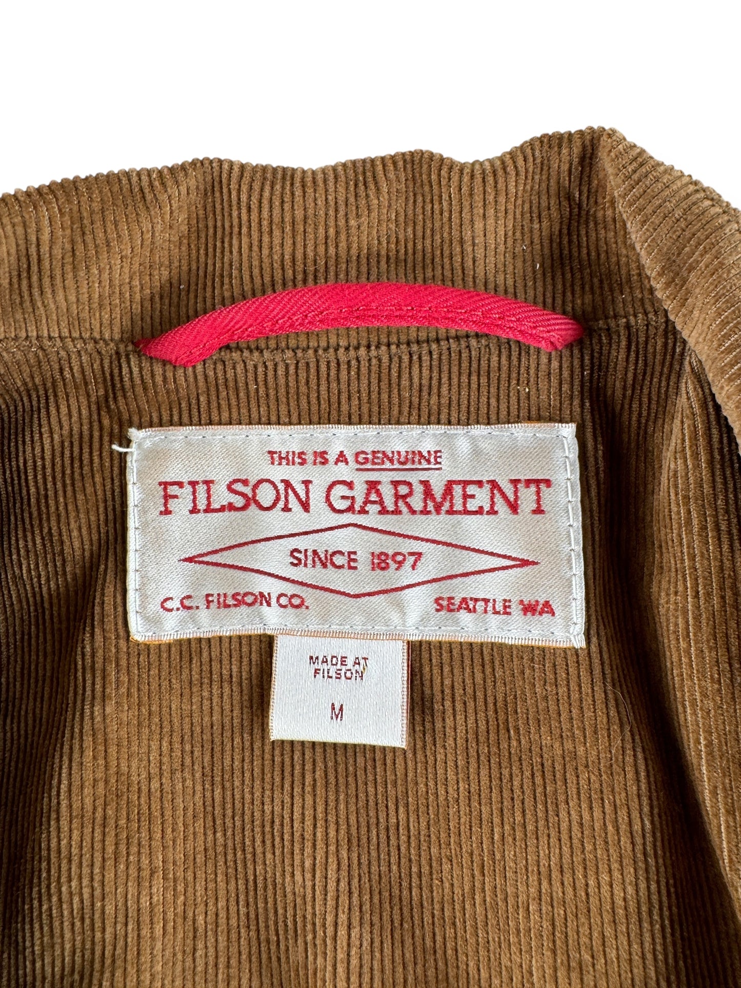 Tag on Filson Corduroy Dark Tan Guide Work Jacket SZ M
