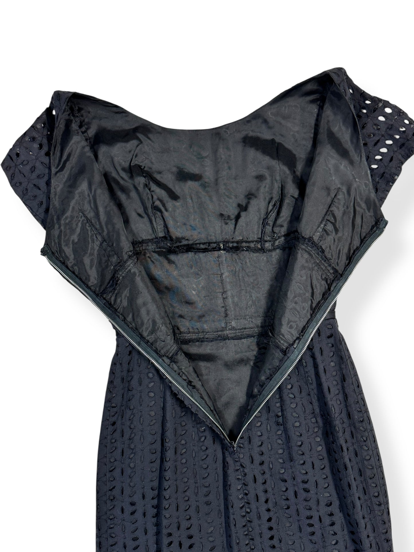 back open view of 1950s Eyelet Wiggle Dress S