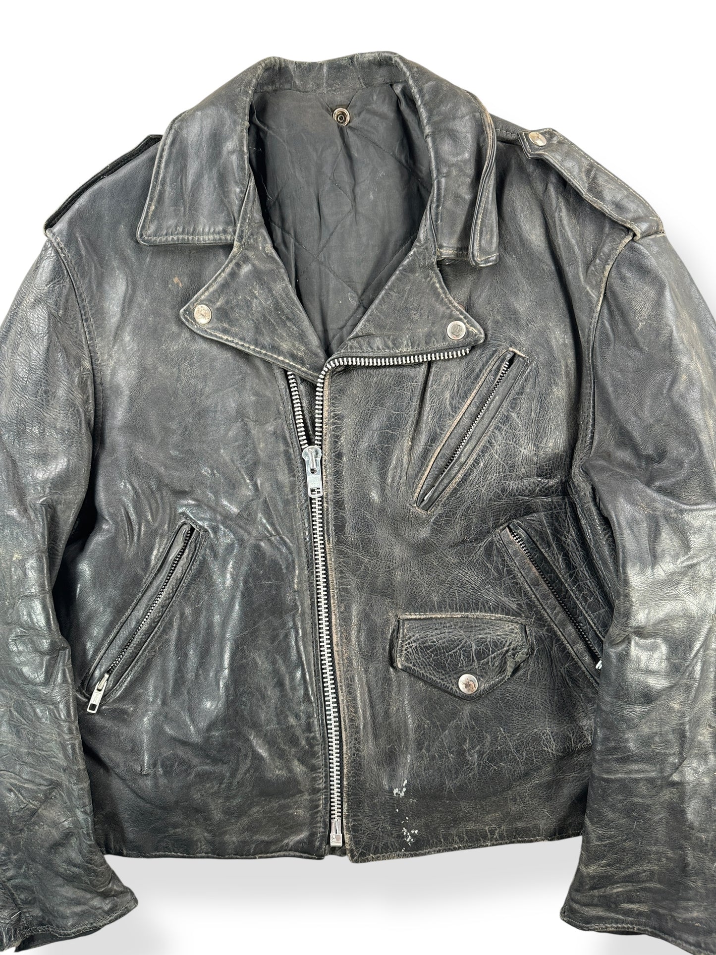 Front Close Up of Vintage 60s/70s Leather Jacket SZ M