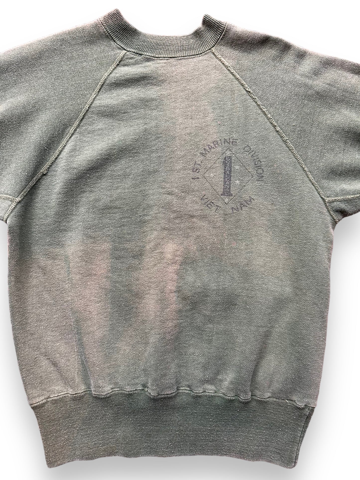 Front Detail on Vintage Viet Nam 1st Marines Division Short Sleeve Sweatshirt SZ M | Vintage Crewneck Sweatshirt Seattle | Barn Owl Vintage Seattle