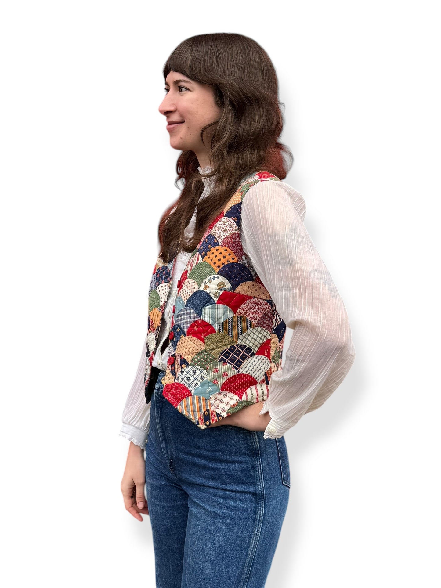 Side view of Vintage Handmade Patchwork Vest M