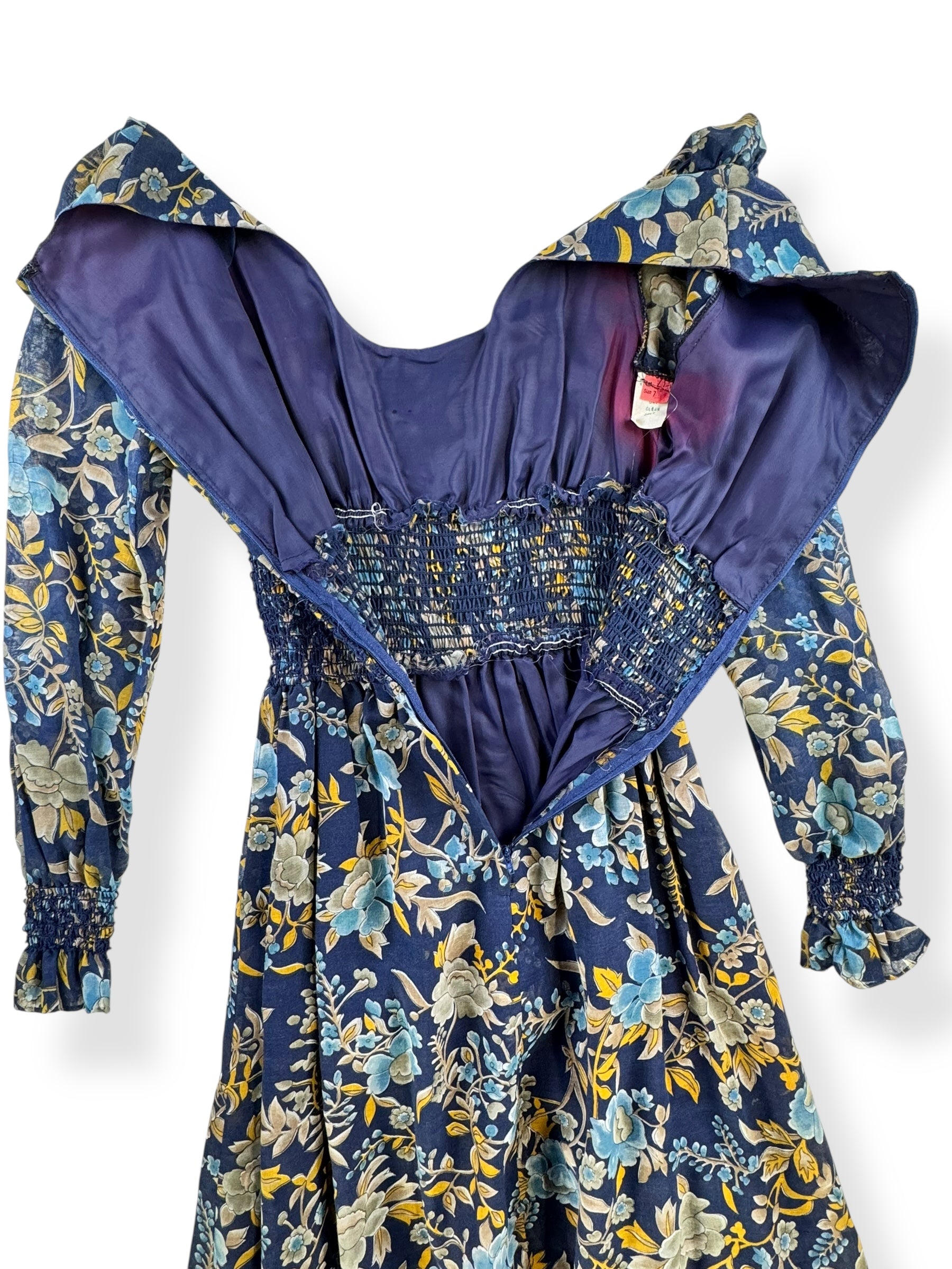 Openn back 1970s Blue Floral Maxi Dress S