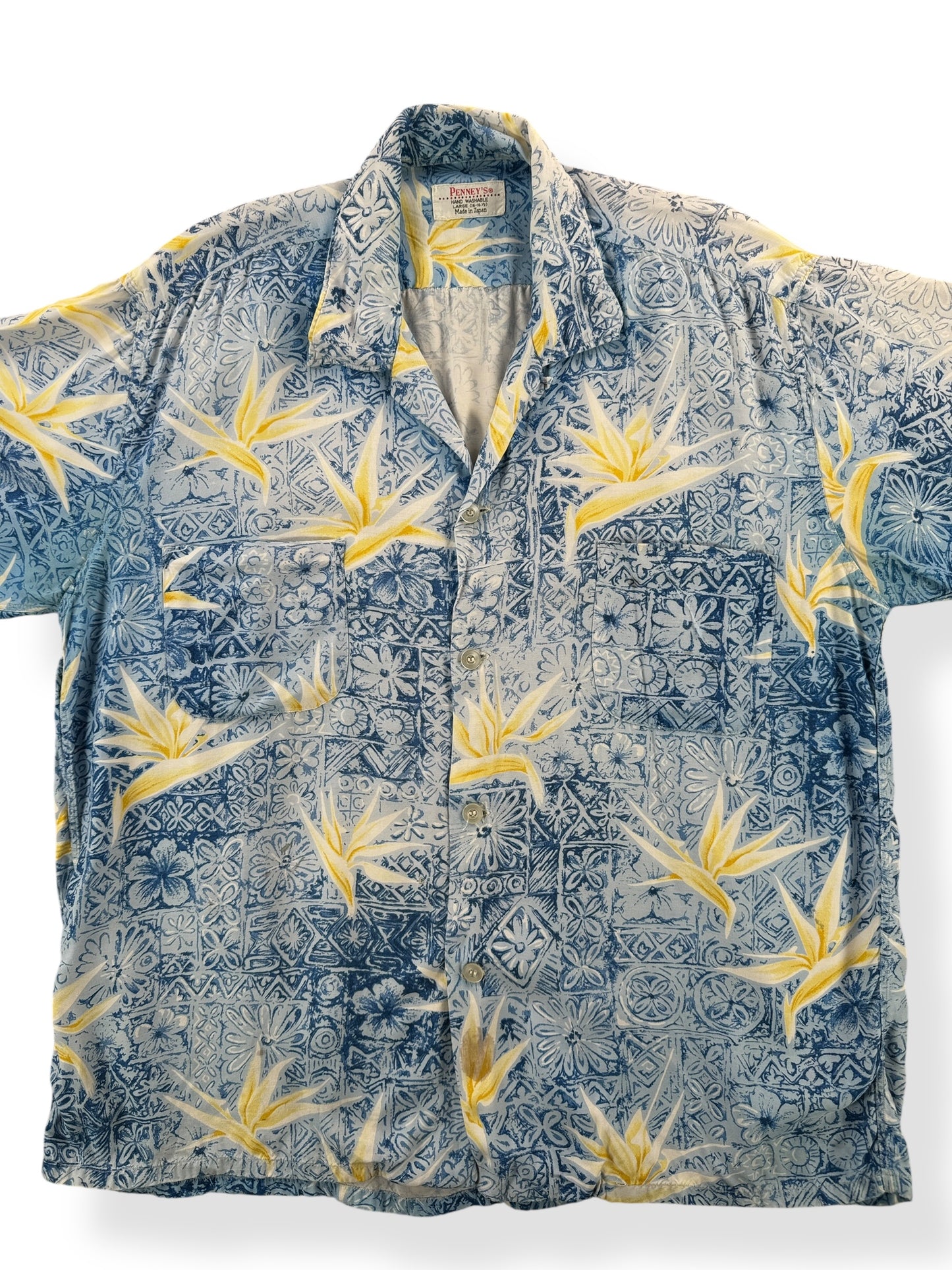 Front of Vintage Repaired Penney's Rayon Aloha Shirt SZ L