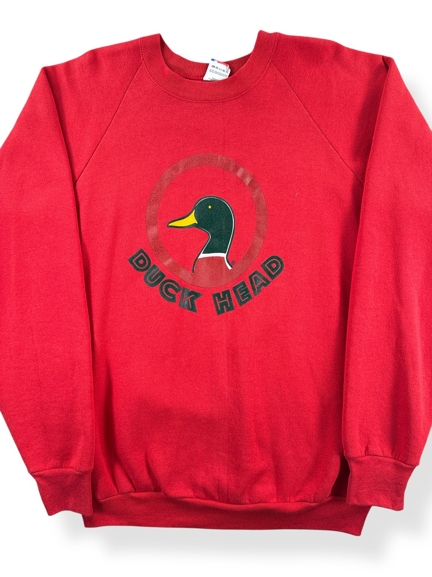Front Close Up of Vintage Red Duck Head Sweatshirt SZ L