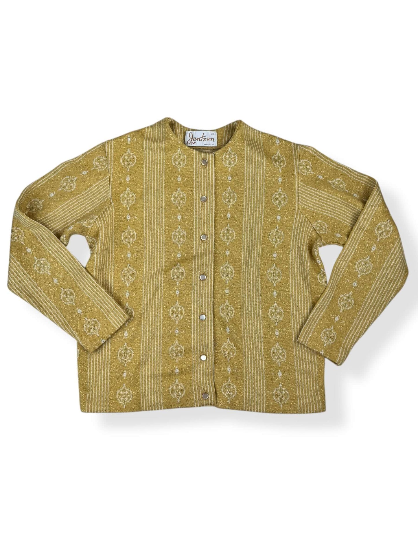 Front view of 1960s Gold Lurex Jantzen Cardigan L