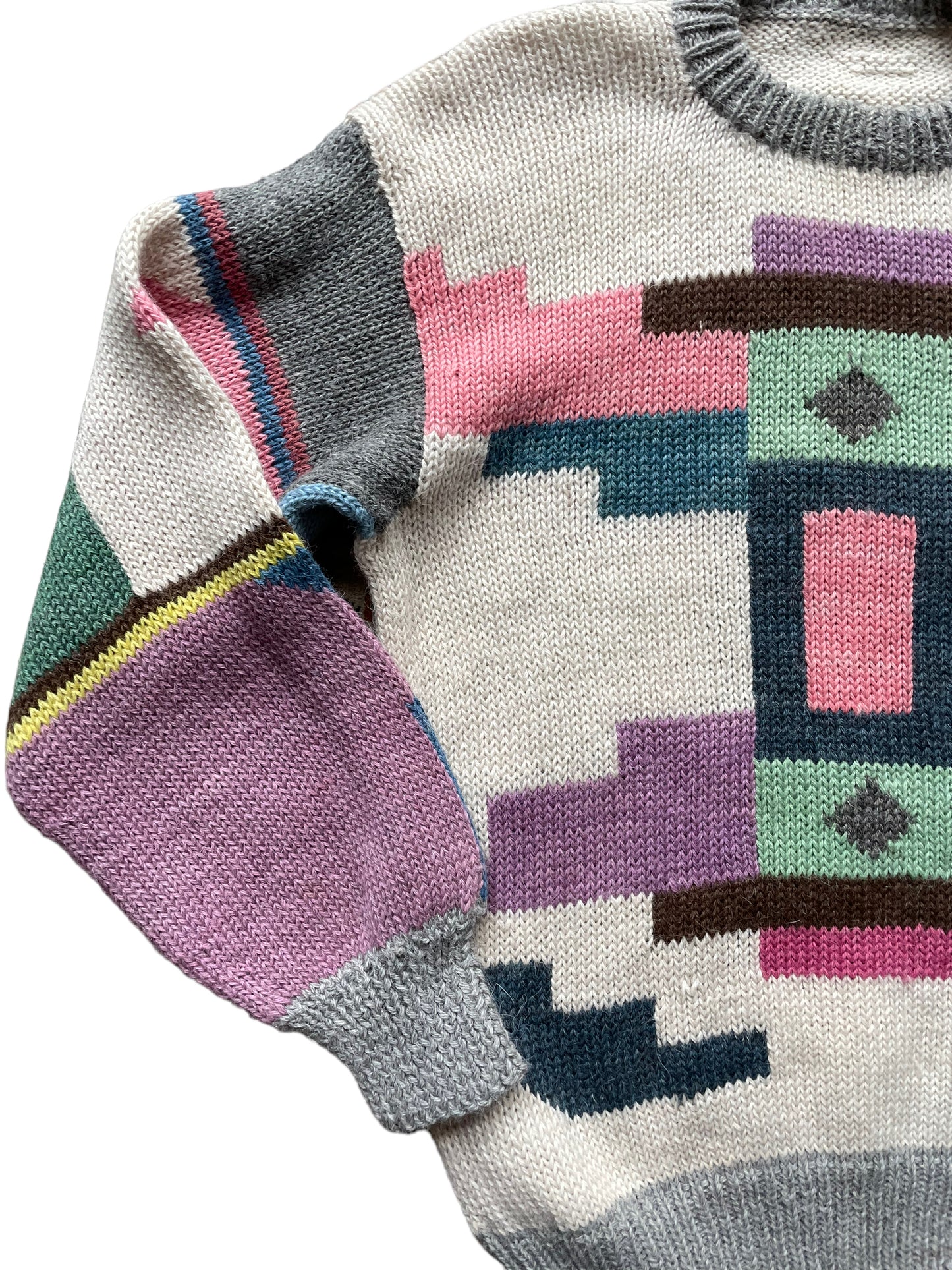 Front right side view of Vintage 1980s Geometric Wool Sweater SZ L | Barn Owl Sweaters | Seattle Vintage