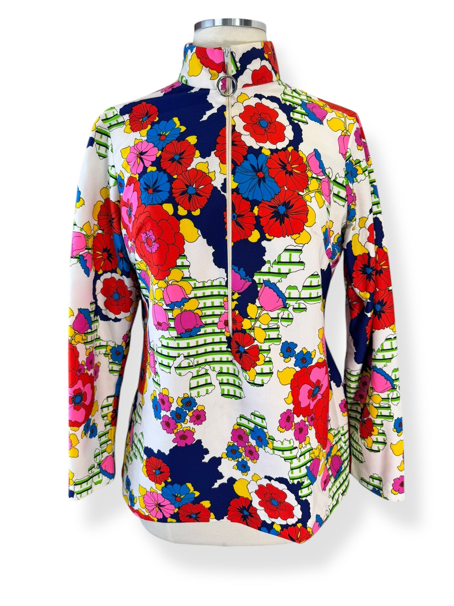 Front view of 1960s Terry of Chicago Floral Poly Zip Up M