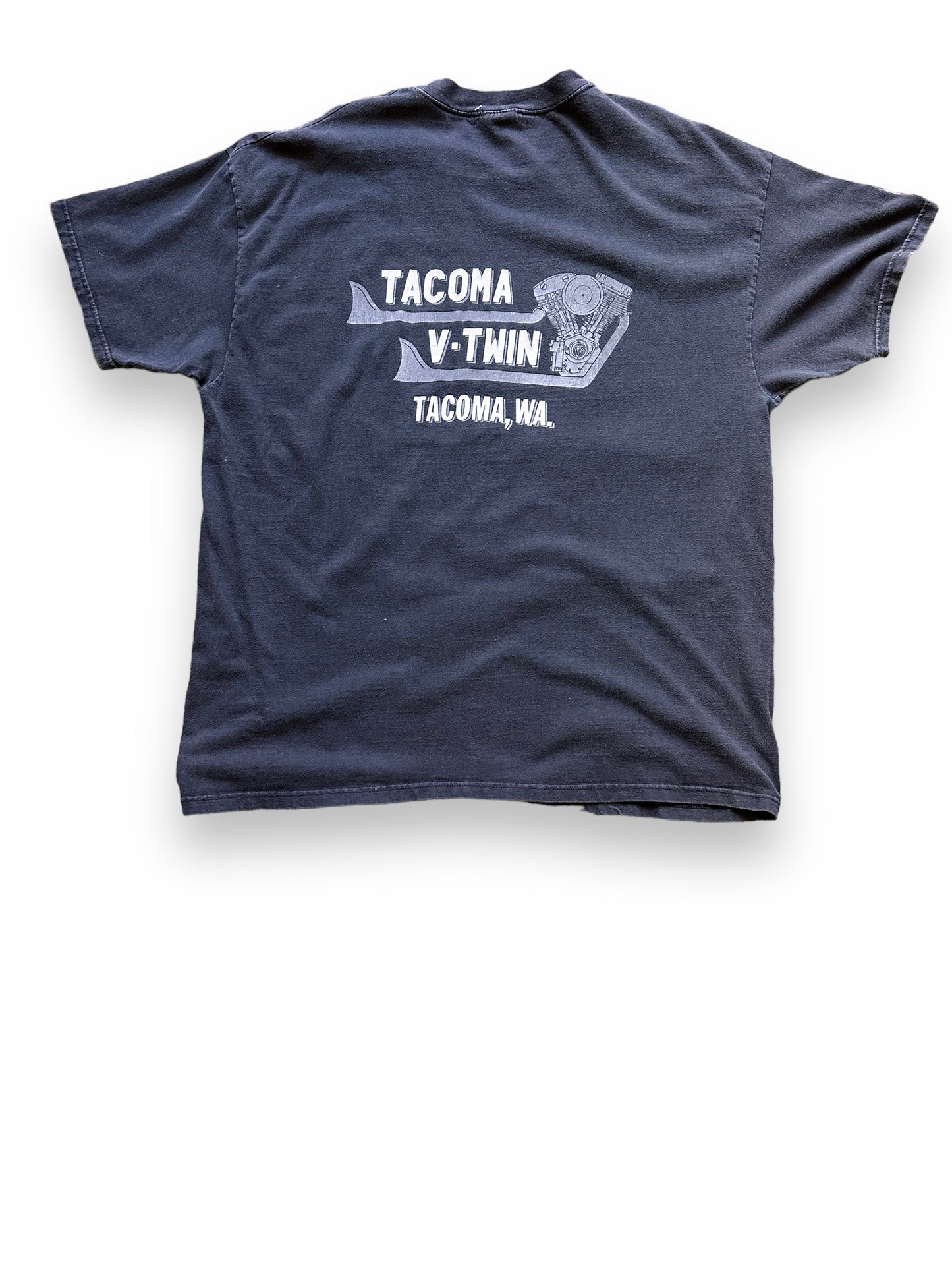 Rear View of Vintage Loud Pipes Save Lives Tacoma Twin V Harley Tee SZ XXL | Vintage Harley Tee Seattle | Barn Owl Vintage Clothing