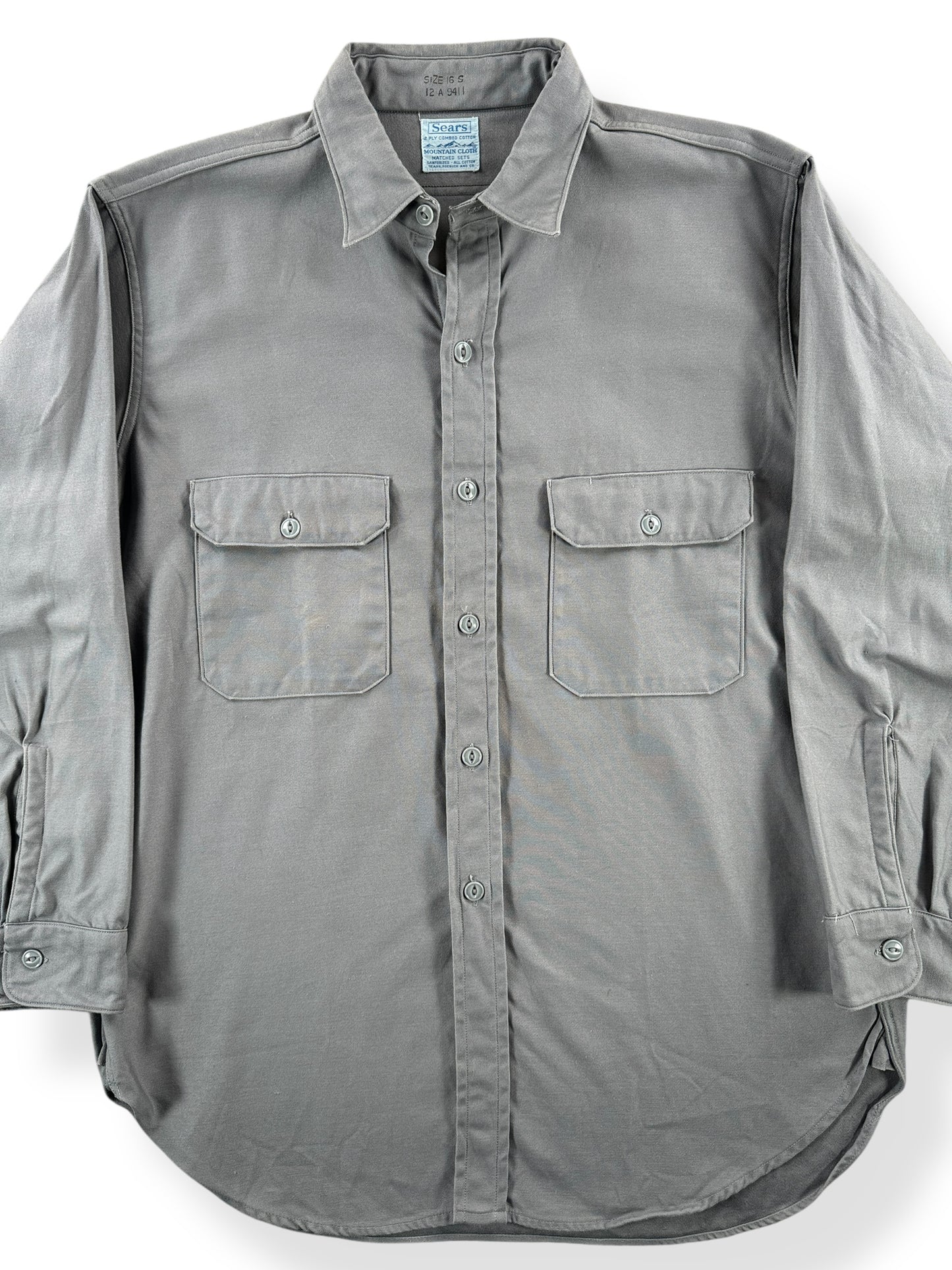 Front Close Up of Vintage Grey Sears Mountain Cloth Heavyweight Twill Shirt SZ L