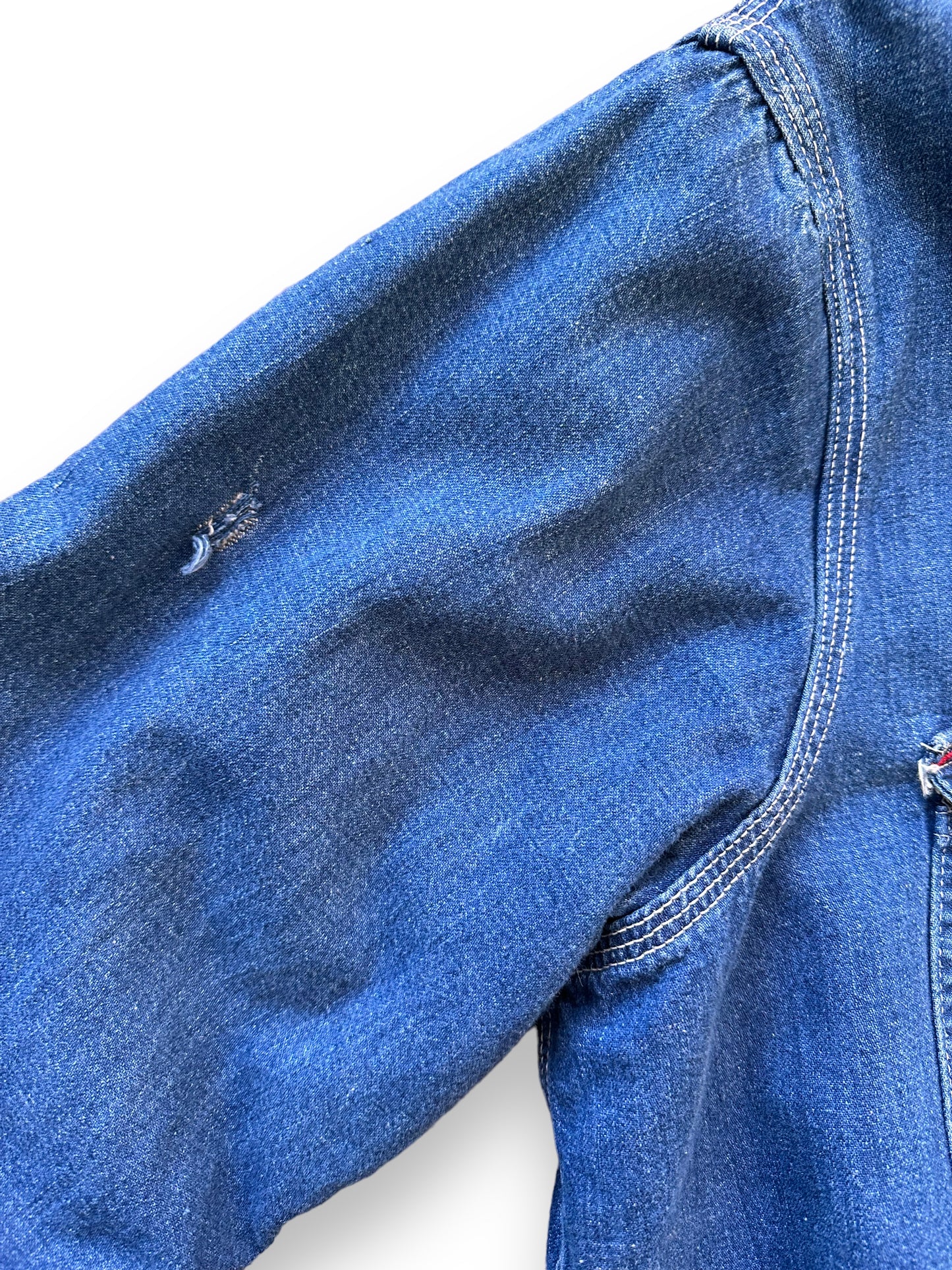 Small Hole on Right Sleeve on Vintage Sears Blanket Lined Denim Chore Coat SZ XL | Vintage Denim Chore Coat | Barn Owl Vintage Seattle
