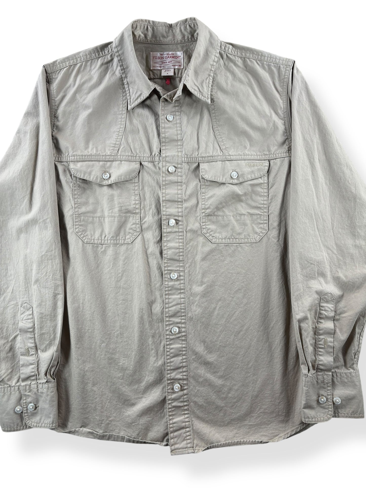 Front Close Up of Modern Filson Khaki Safari Shirt SZ M