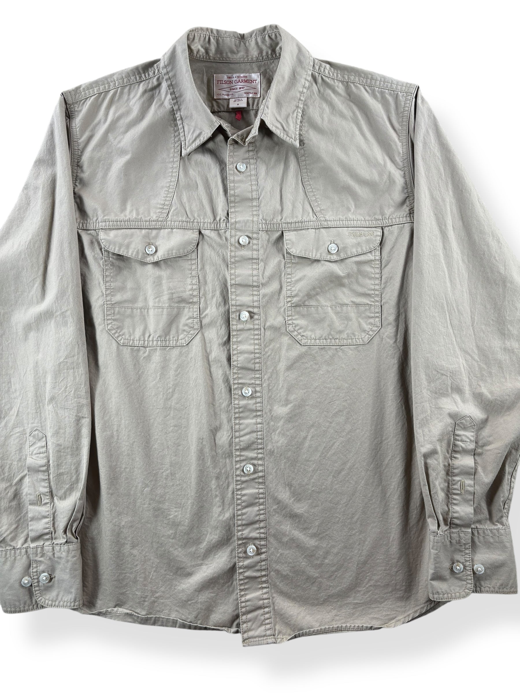 Front Close Up of Modern Filson Khaki Safari Shirt SZ M