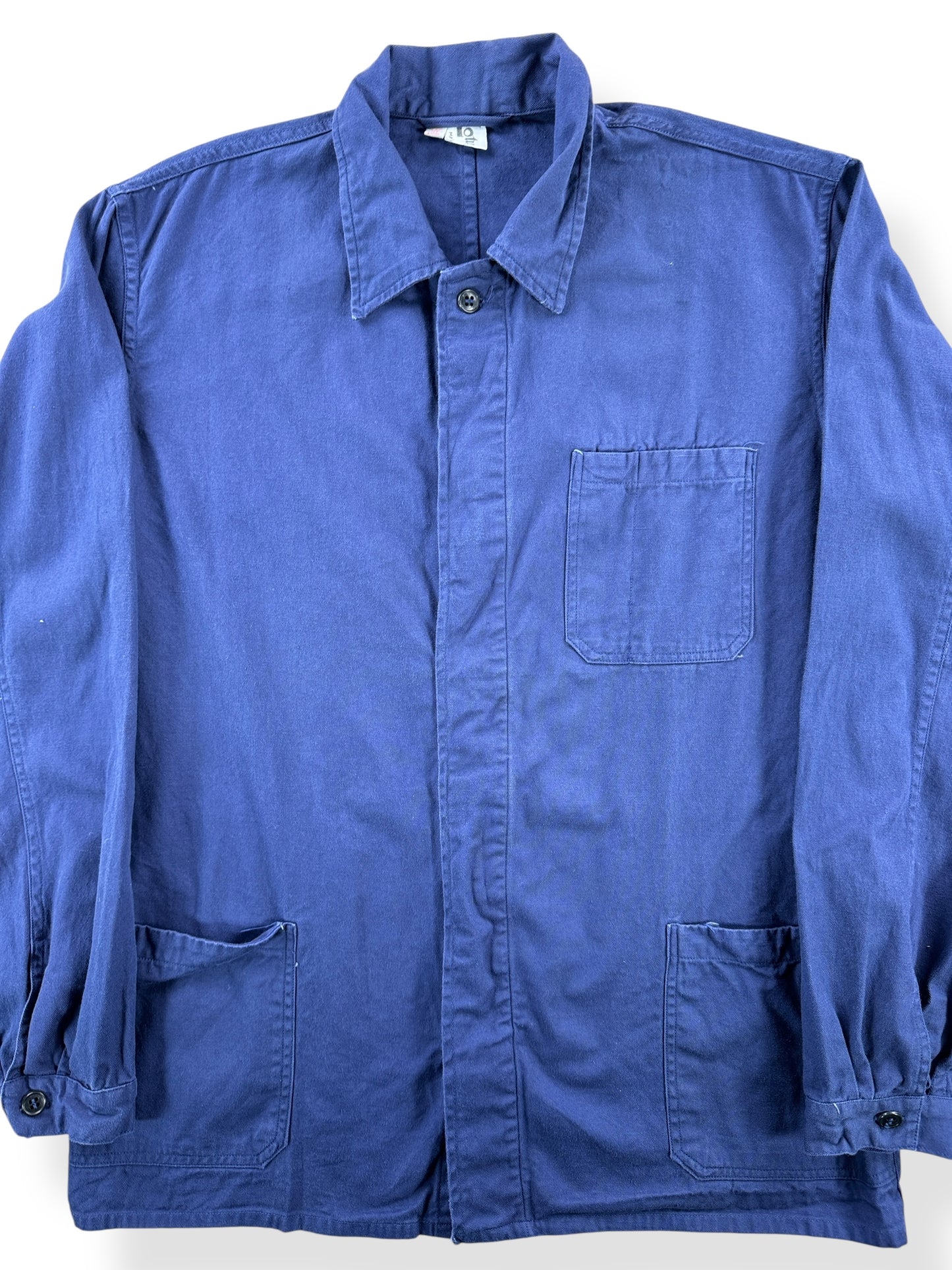 Front Close Up of Vintage Dark Blue French Chore Coat SZ M