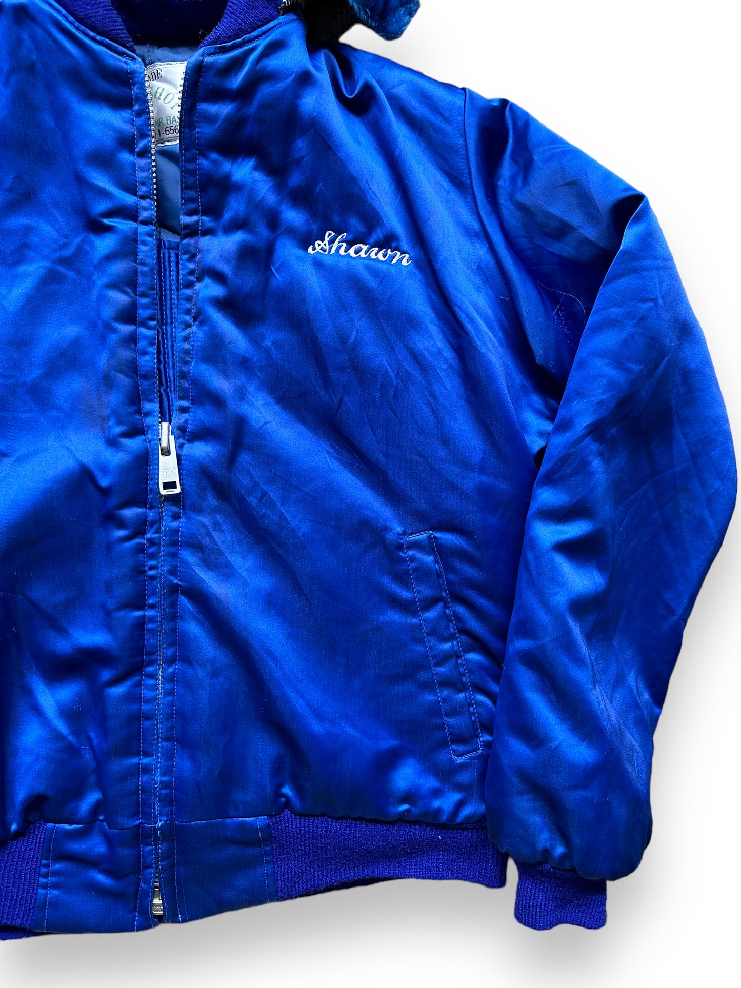 Shawn Embroidered on Vintage Blue Korea Souvenir Jacket SZ L | Vintage Souvenir Jacket Seattle | Barn Owl Vintage Seattle