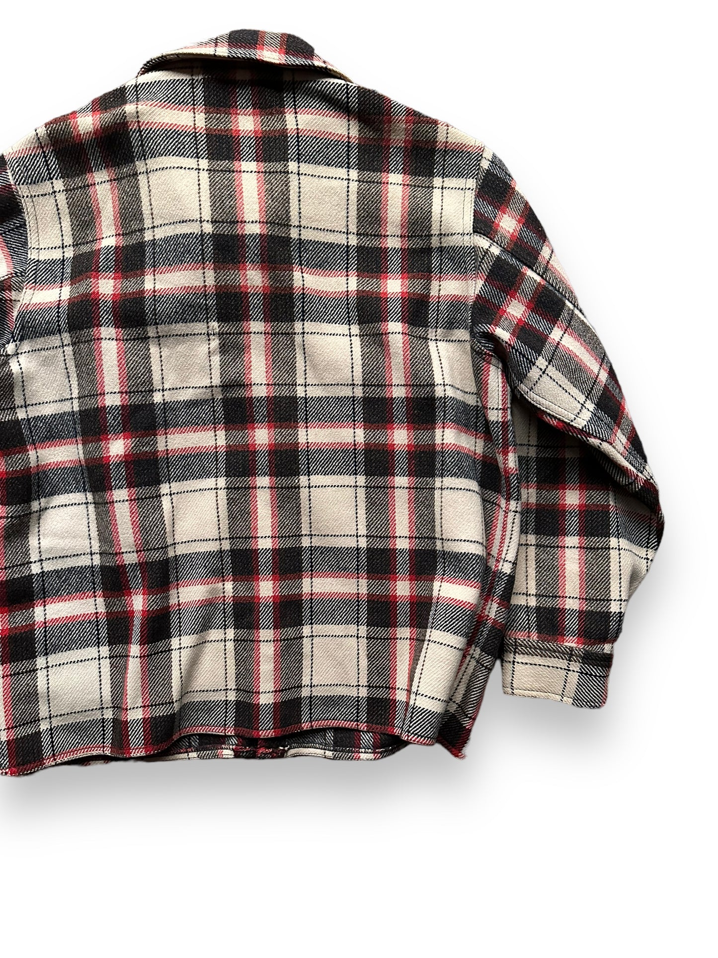 Right Rear View of Extremely Rare 1951 Filson Red-Black-White Single Back Mackinaw Coat SZ 46 |  Vintage Filson Peppermint Patty Alternate | Vintage Workwear Seattle