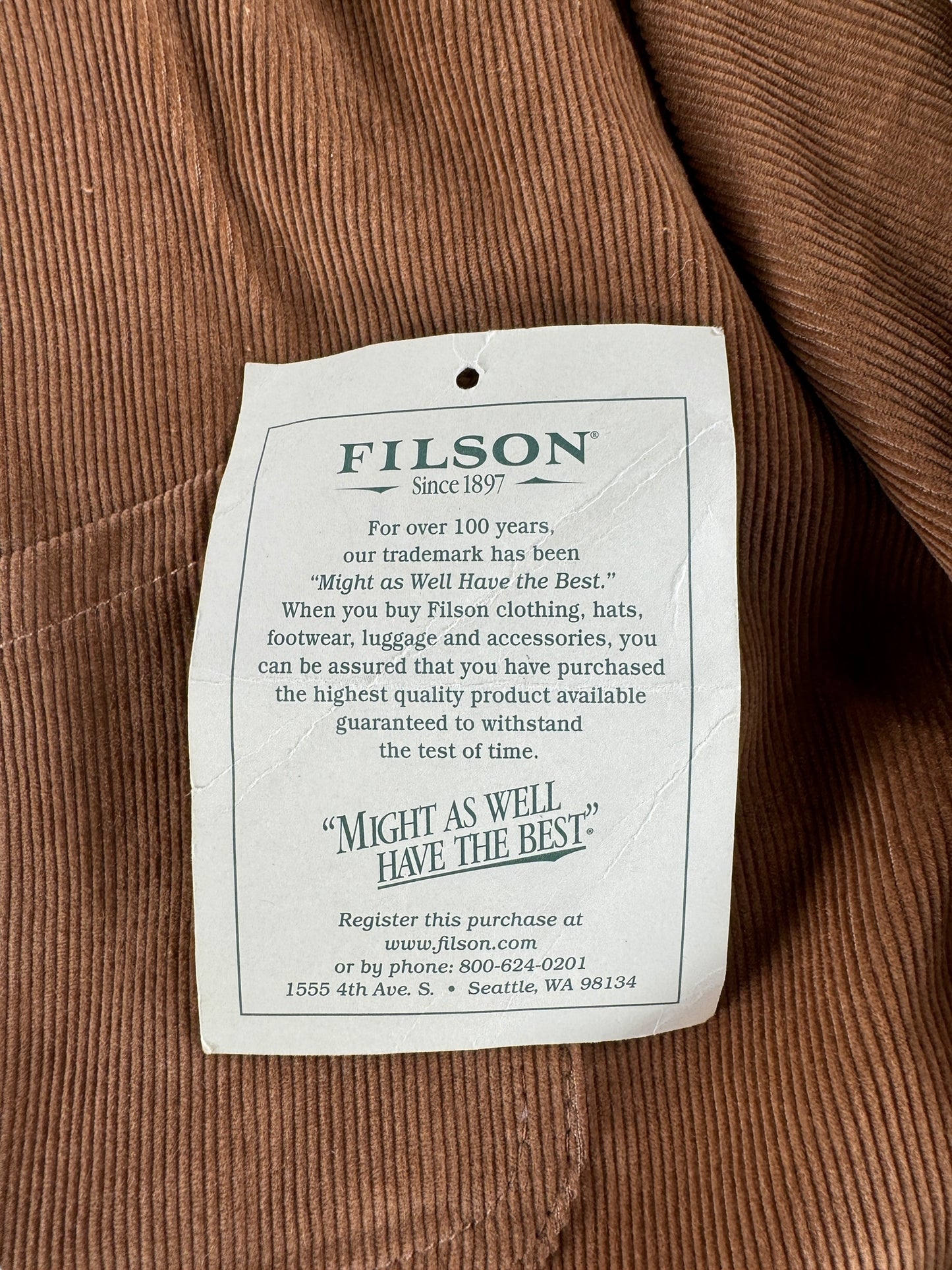 Tag on Filson Corduroy Dark Tan Guide Work Jacket SZ M