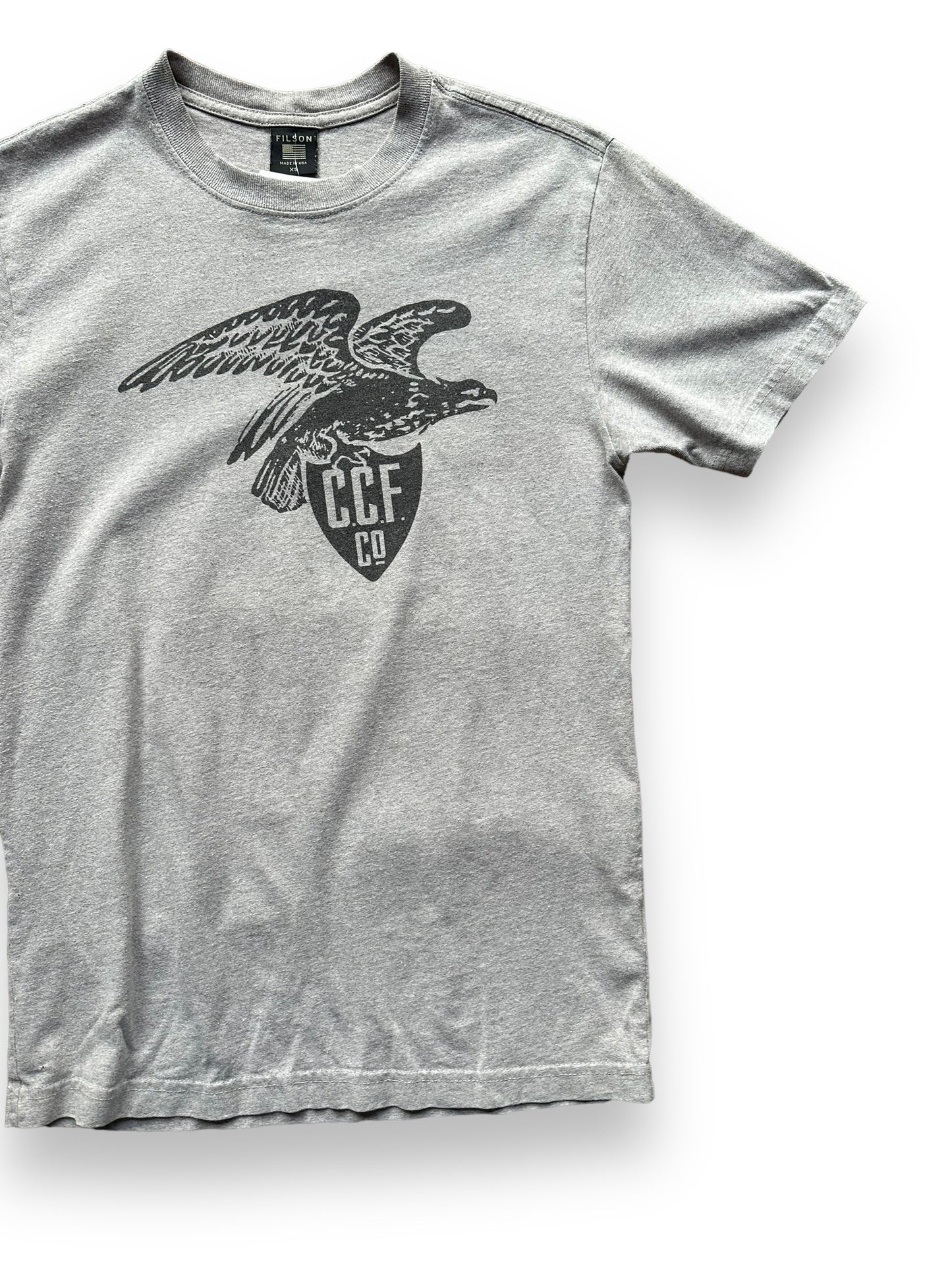 Front Left View of Grey Filson Eagle Graphic Tee SZ XS | Barn Owl Vintage Goods | Vintage Filson Workwear Seattle