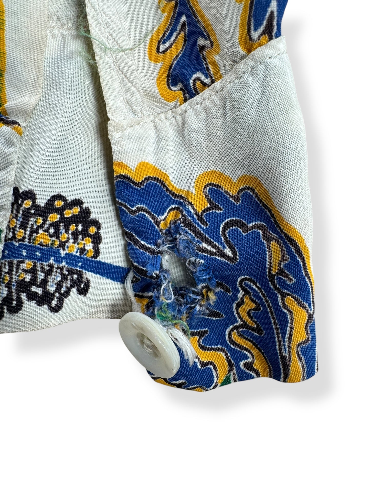 Hole on Cuff of Vintage Long Sleeve Rayon Aloha Shirt SZ L