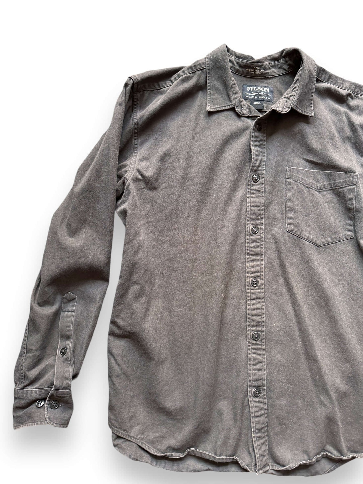 Front Right View of Filson Durable Drill Chino Shirt SZ L