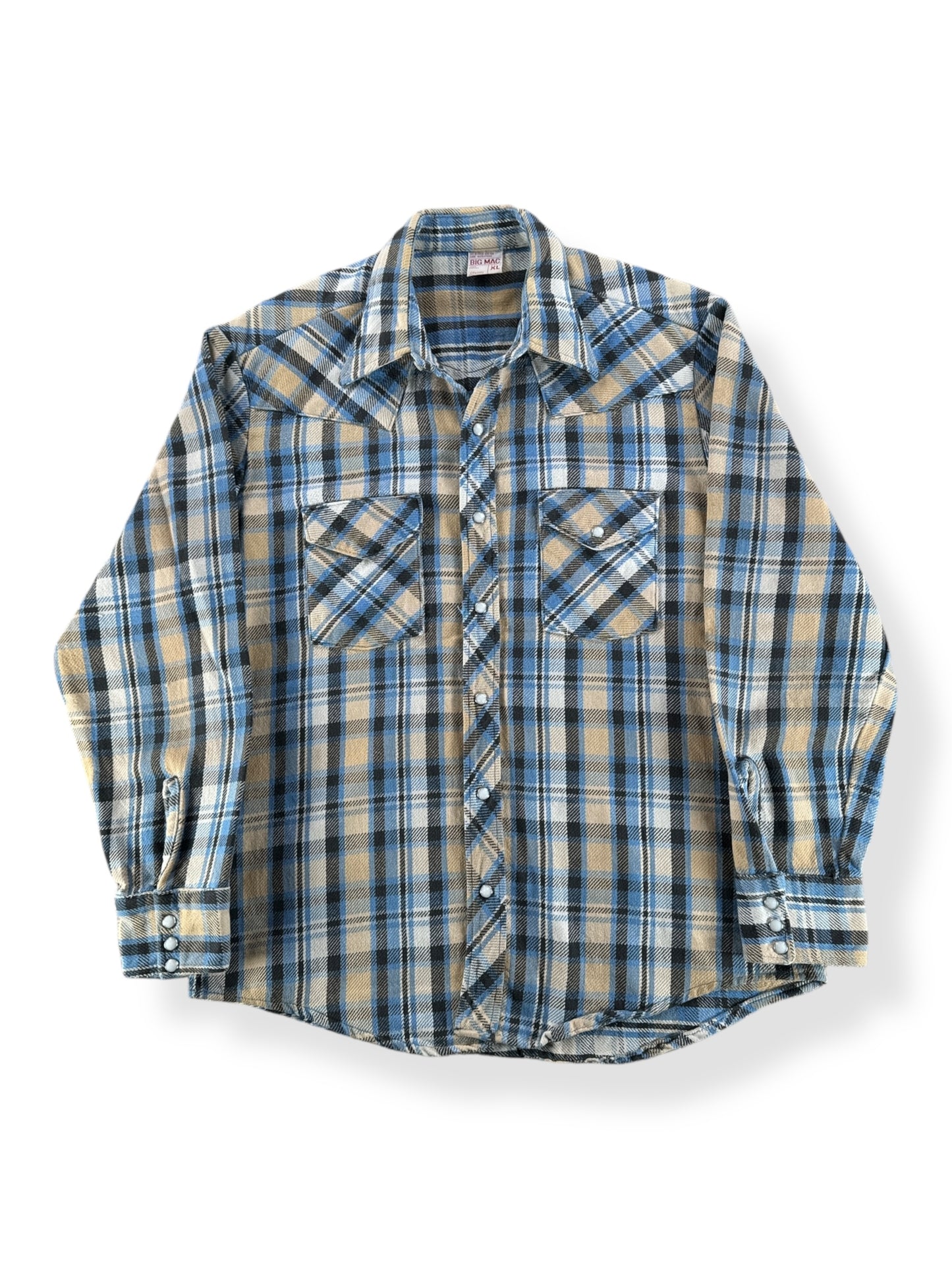 Front of Vintage Blue and Beige Big Mac Cotton Flannel Pearl Snap SZ XL