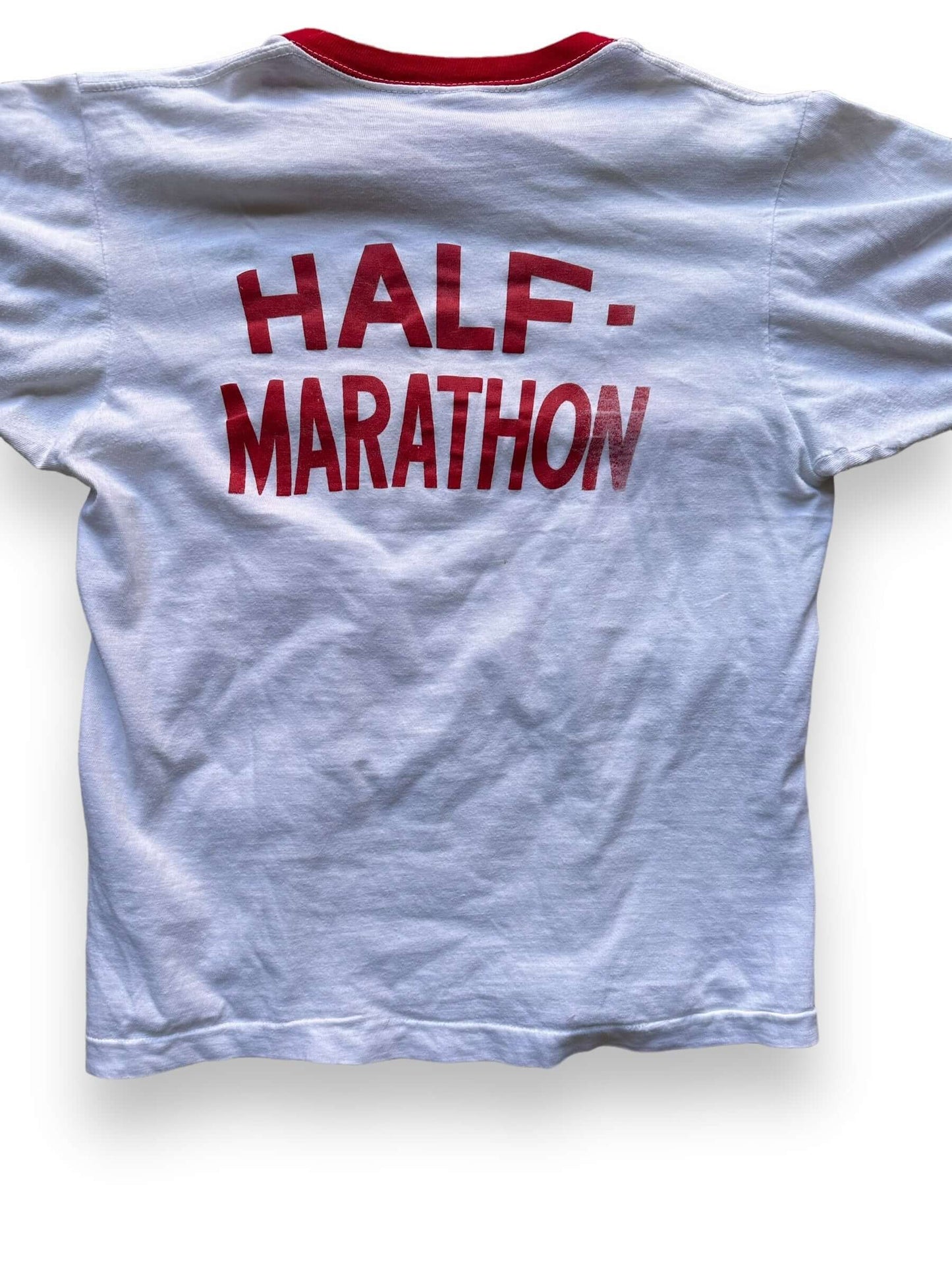 Rear Detail Close Up of Vintage Yakima Valley Half Marathon Champion Blue Bar Tee SZ M | Vintage Champion Ringer Tee Seattle | Barn Owl Vintage