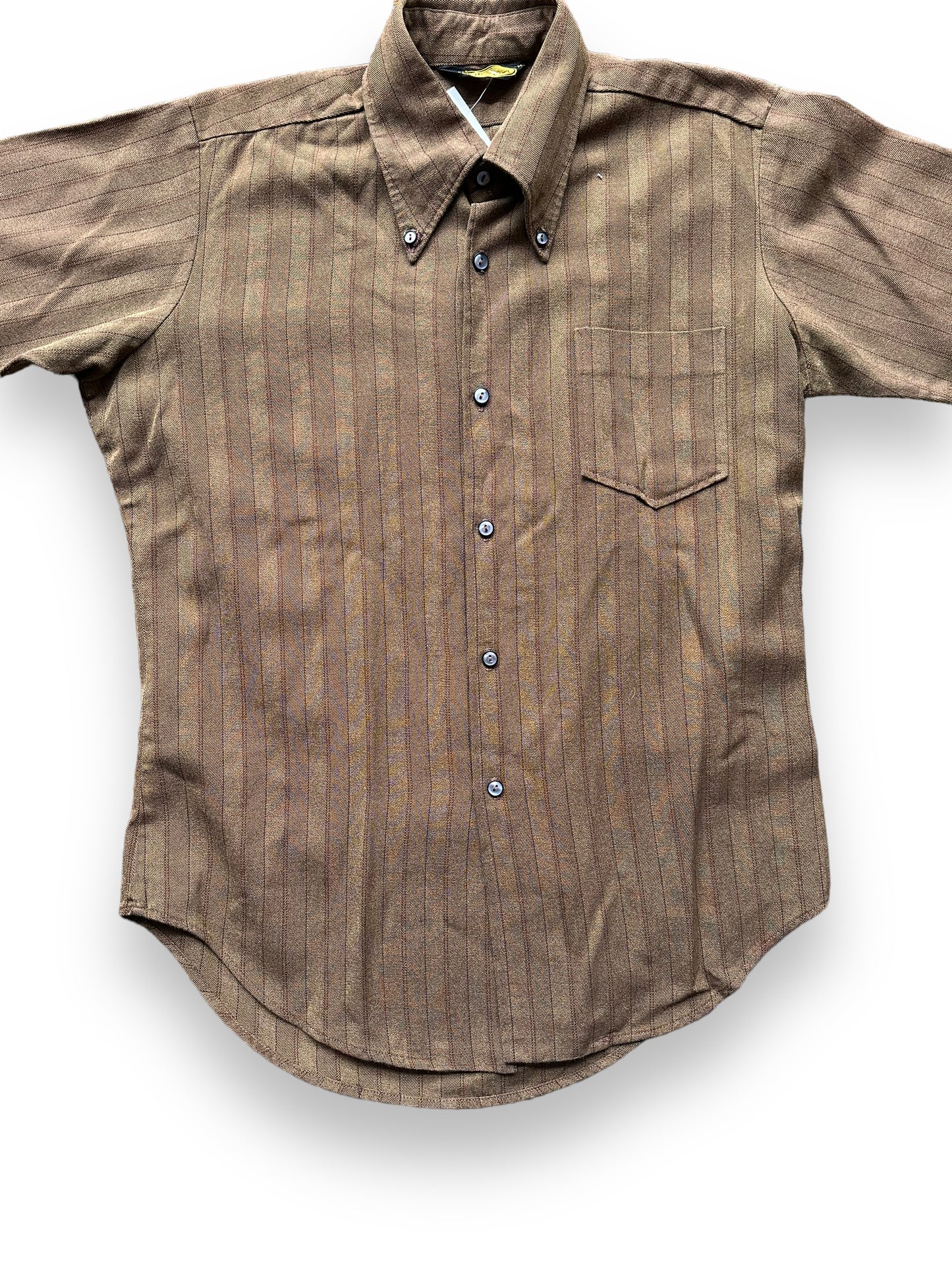 Front Detail on Vintage Davinci Brown Stripes Short Sleeve Button Up Shirt SZ M | Vintage Button Up Shirt Seattle | Barn Owl Vintage Seattle