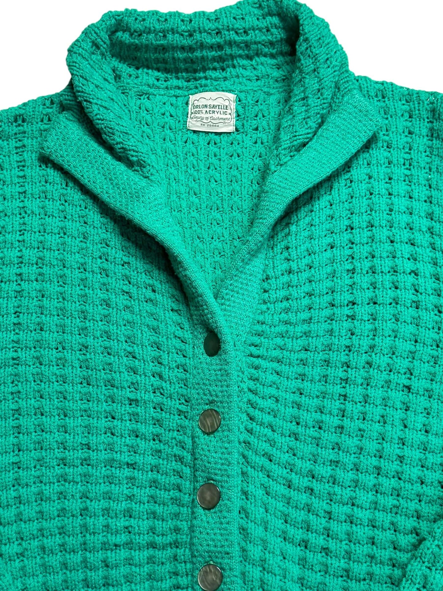 Tag view of 1960s "Luxury of Cashmere" Orlon Sayelle Cardigan M