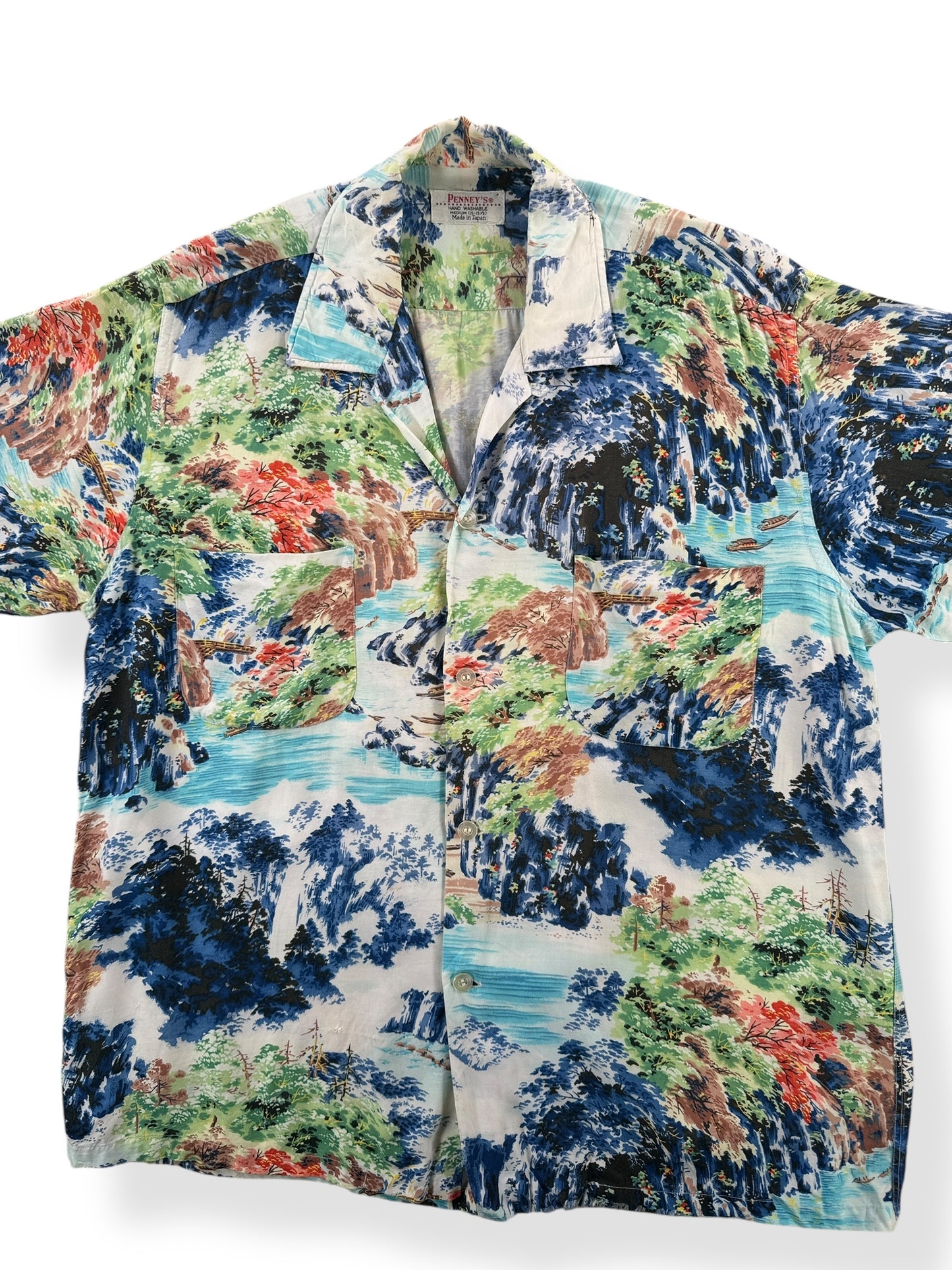 Front Close Up of Vintage Penneys Rayon Aloha Shirt SZ M