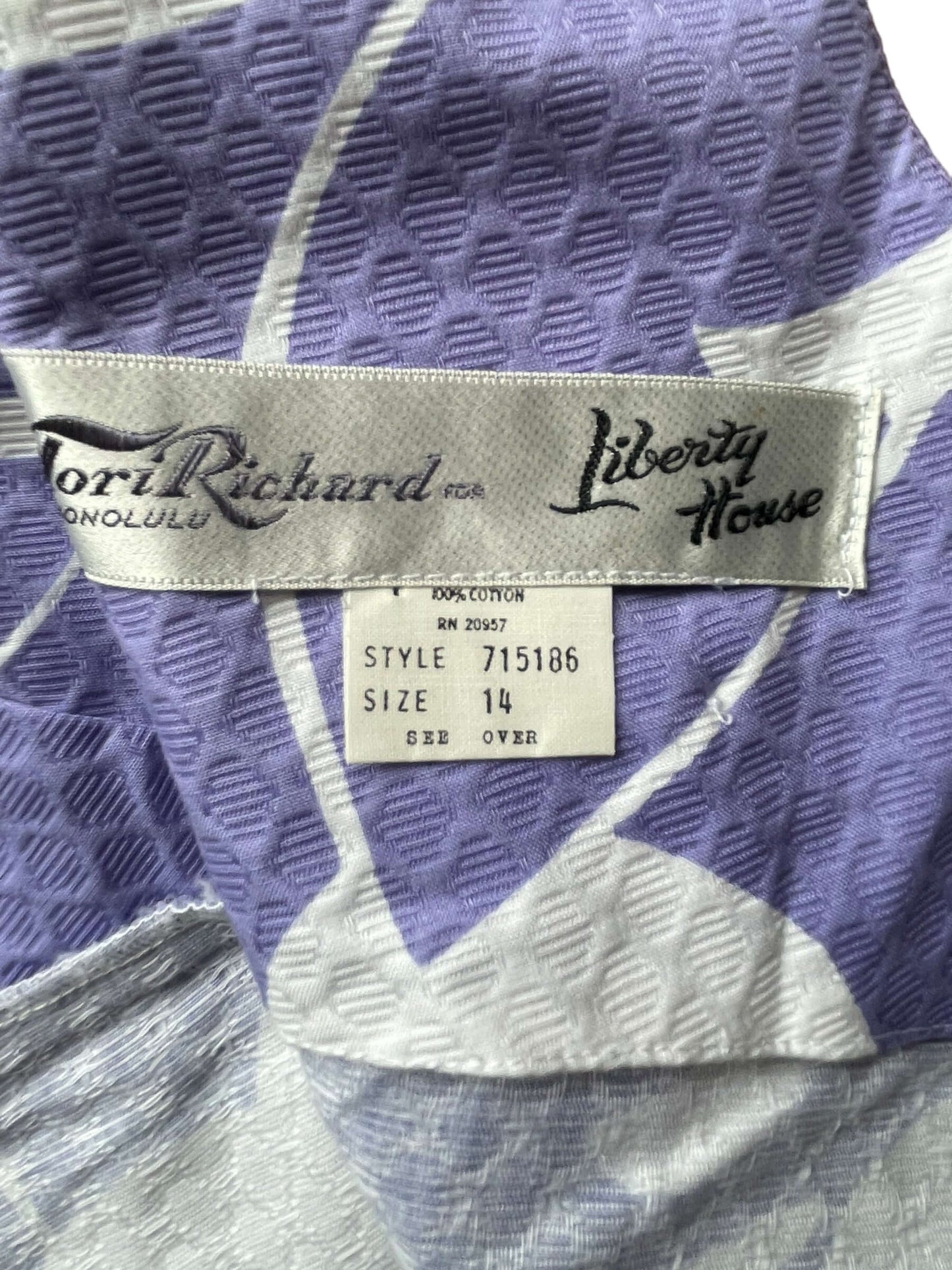 Tag view of 1960s Tori Richards for Liberty House Maxi Aloha Dress M-L