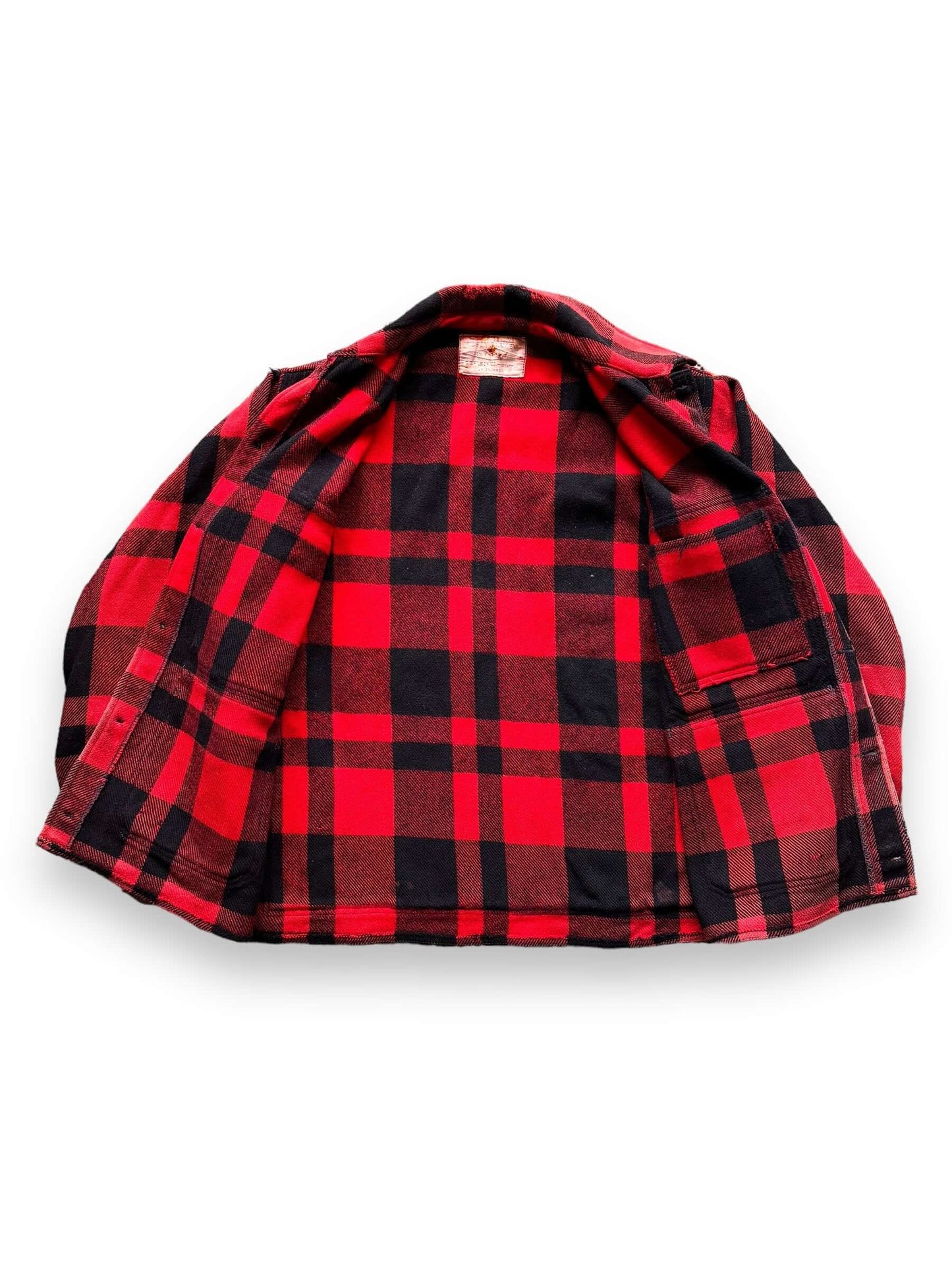 inside of 1960s Union Made Filson Buffalo Plaid Mackinaw Cruiser w/ Repairs SZ 48