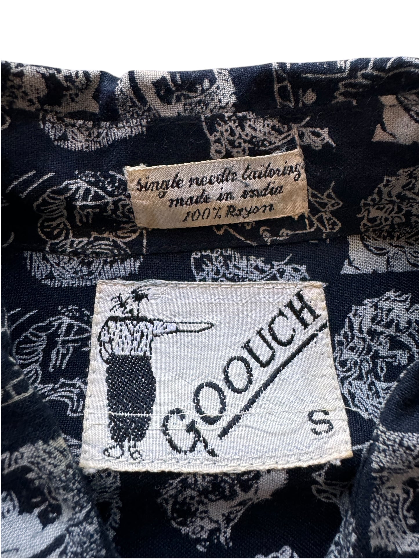 Label on Vintage Goouch Rayon Patterned Short Sleeve Shirt SZ S