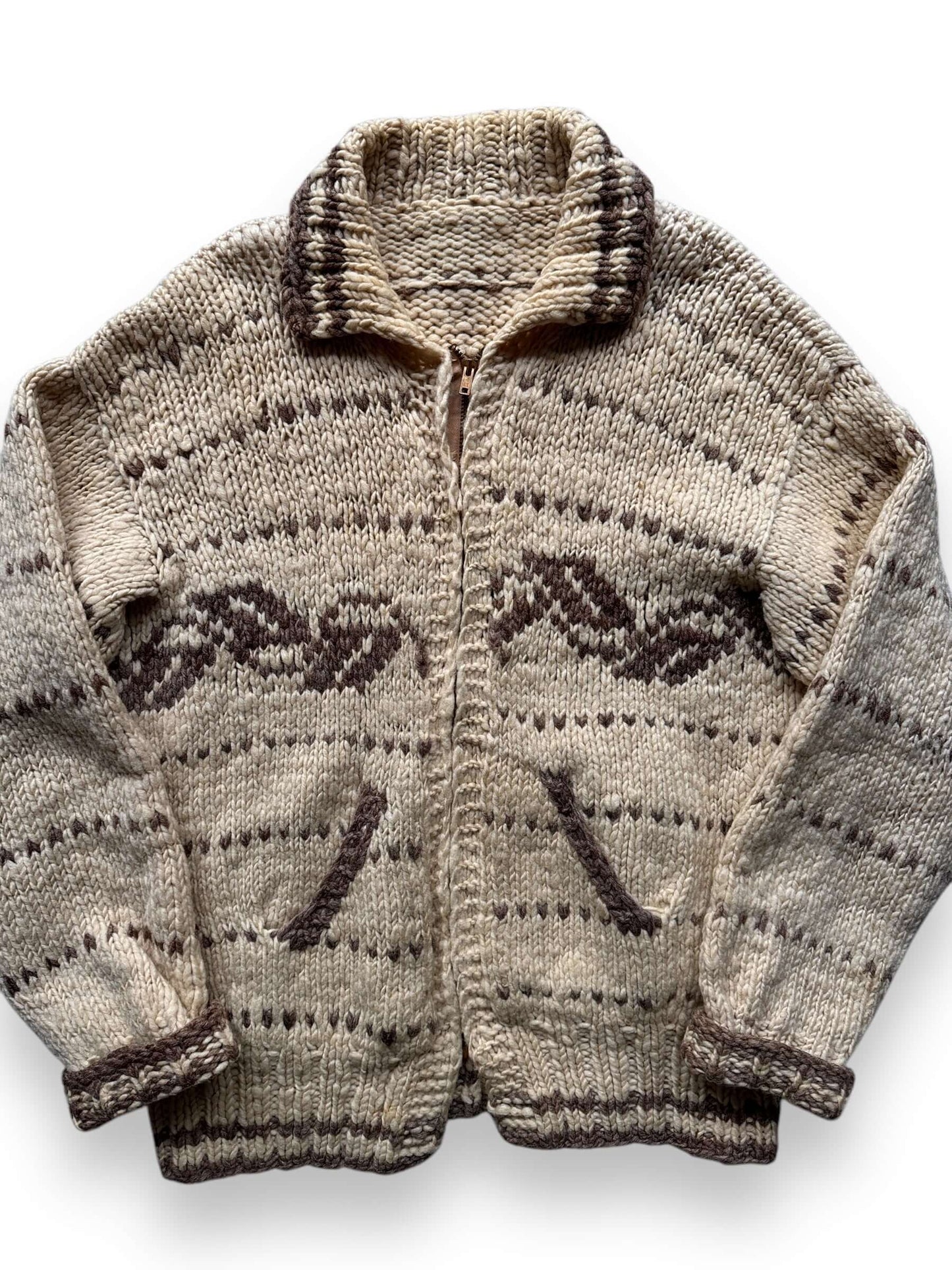 front close up of Vintage Ladies 60's Era Cowichan Style Sweater SZ S
