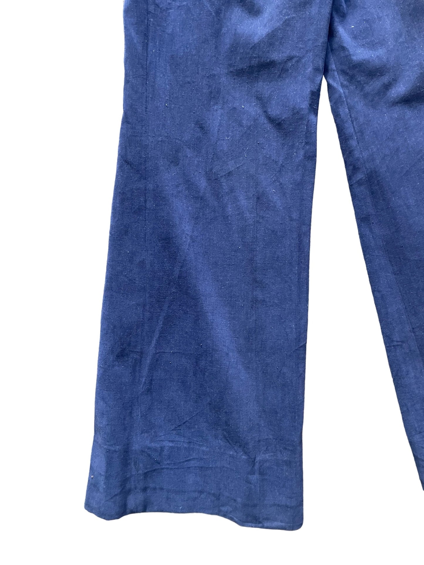 Back left leg view of Vintage 1970s Navy Moleskin Wide Leg Bells W26 | Barn Owl Vintage Seattle | Vintage 70s Moleskin Trousers
