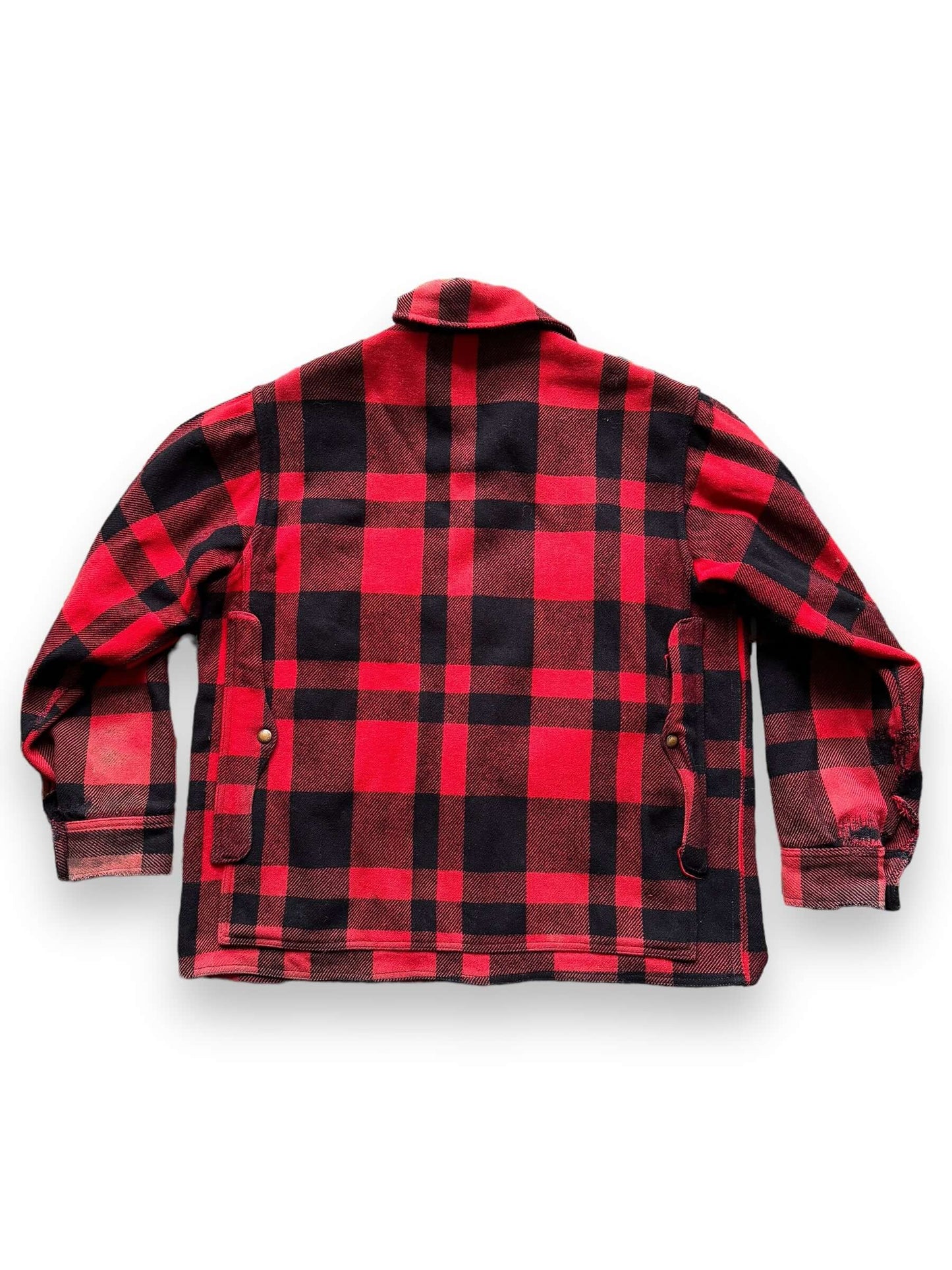 back of 1960s Union Made Filson Buffalo Plaid Mackinaw Cruiser w/ Repairs SZ 48