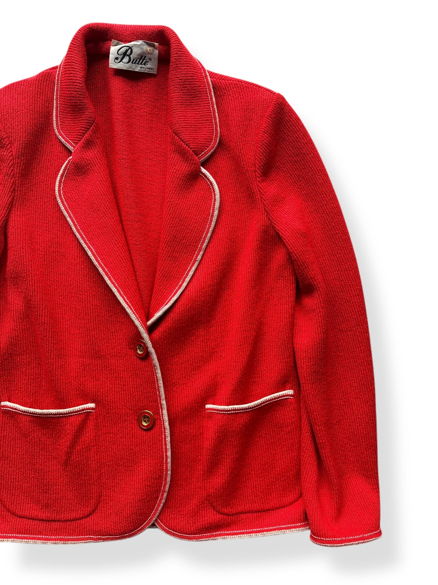 Front Left of Vintage Ladies Butte Red Knit Blazer Top SZ S