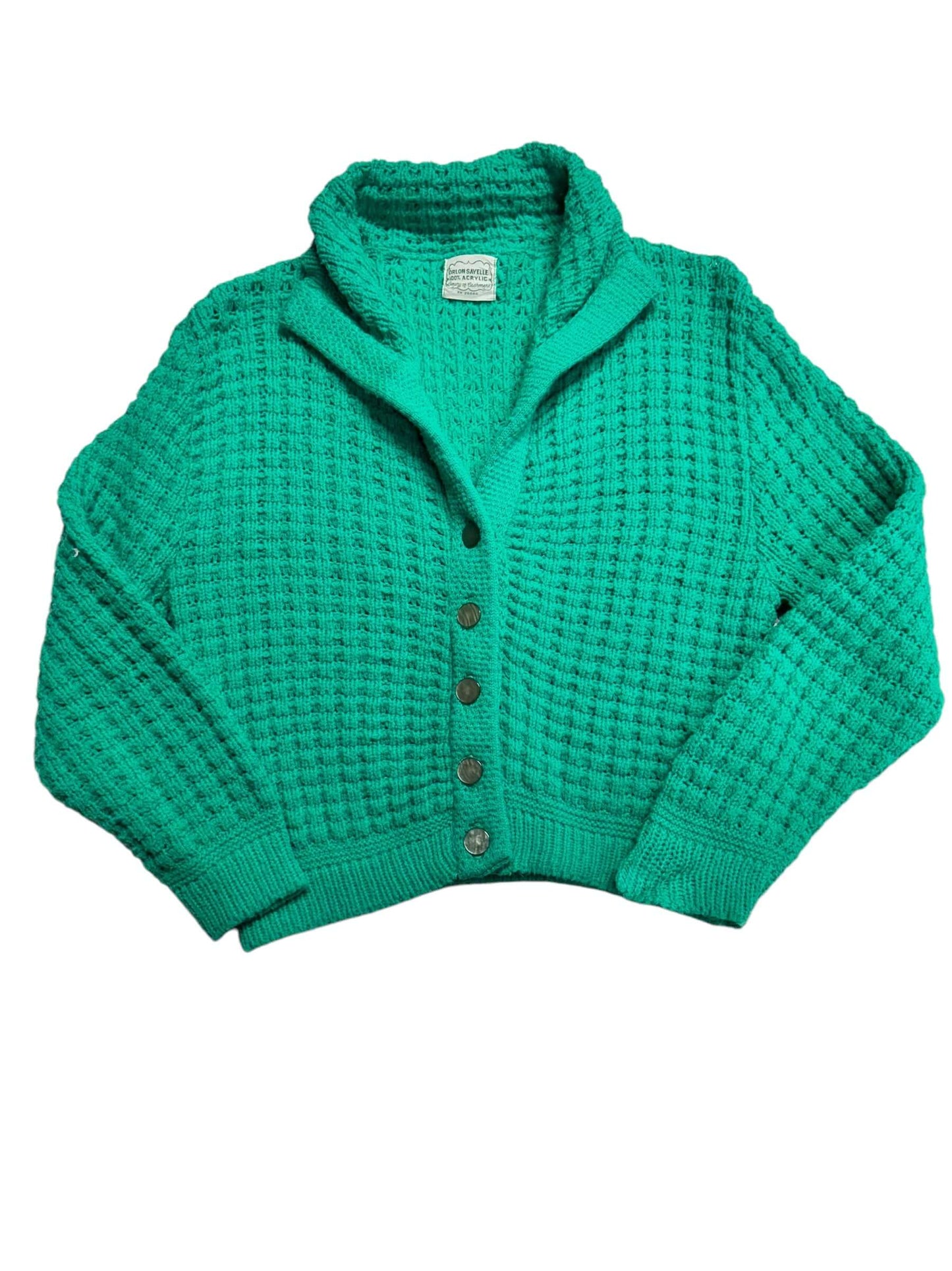 Front view of 1960s "Luxury of Cashmere" Orlon Sayelle Cardigan M