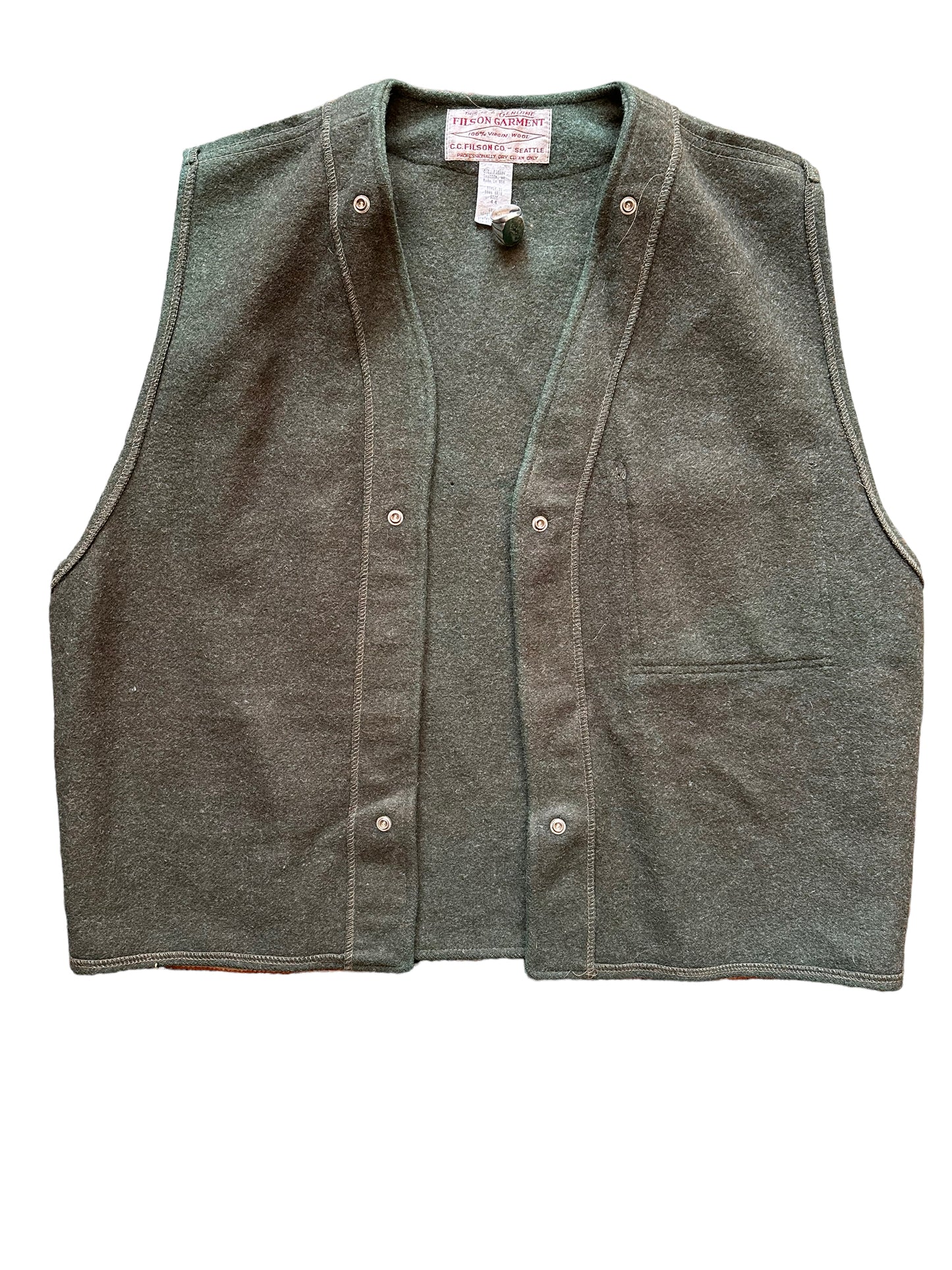 Front View of Vintage Filson Green Wool Snap In Liner SZ 44 | Vintage Filson Workwear Seattle | Barn Owl Vintage