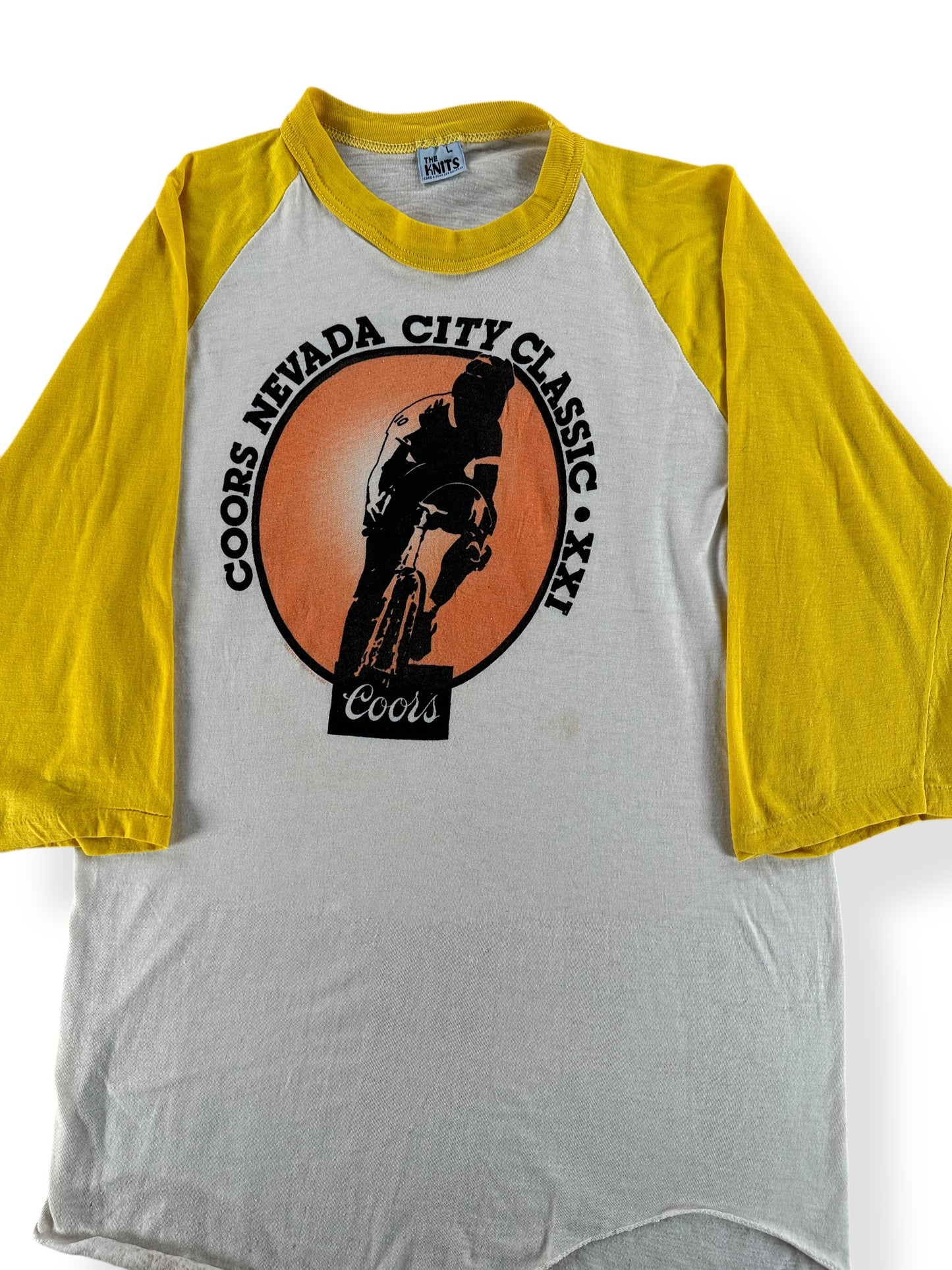 Front Close Up of Vintage Coors Nevada City Classic Bike Racing Raglan SZ S