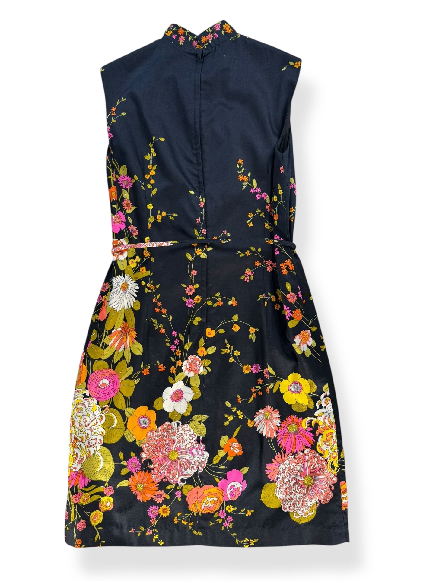 Back 1960s Black Floral Dress L