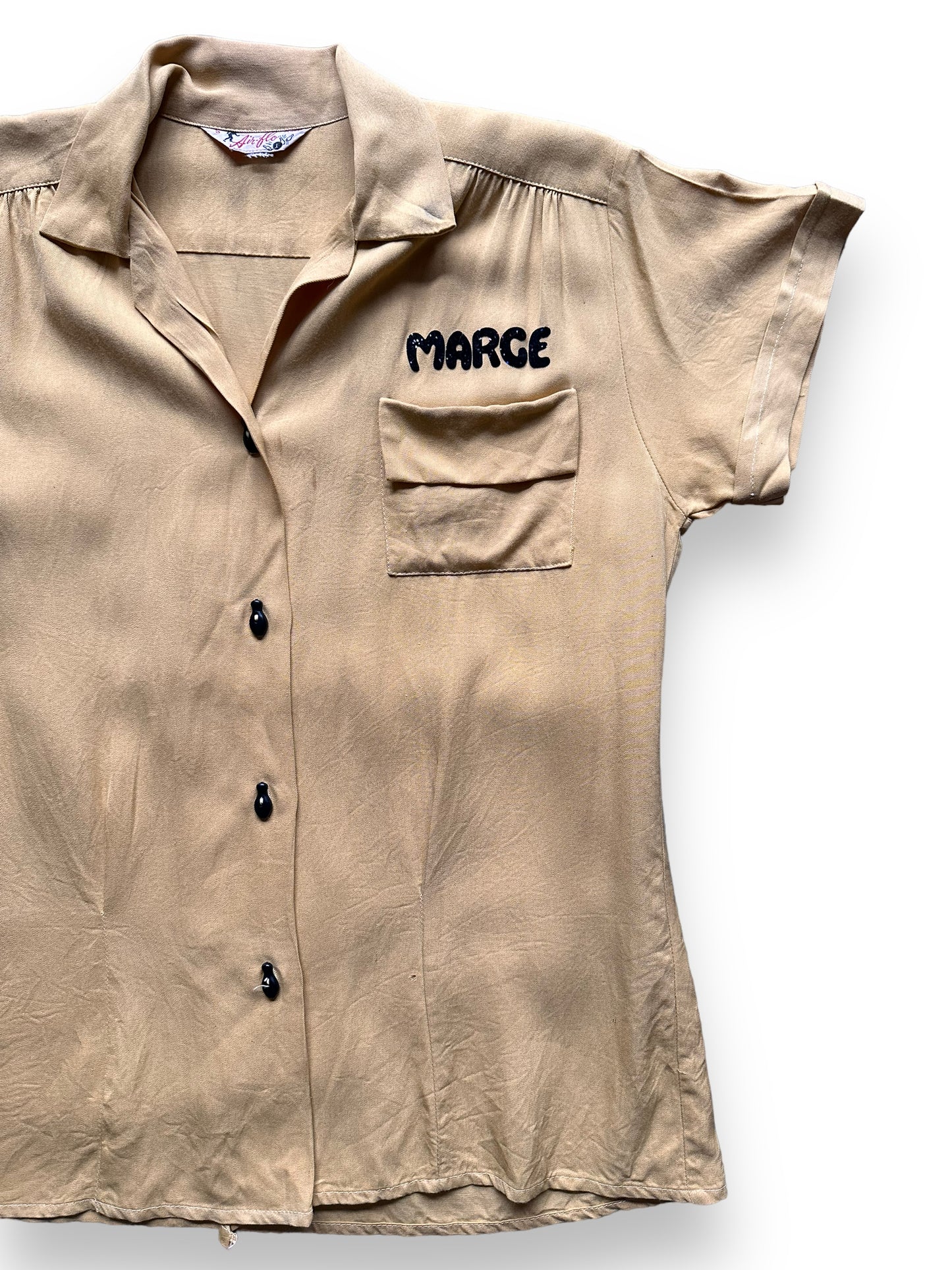 front left of Vintage Alaska National Bank Rayon Ladies Bowling Shirt SZ S | Vintage Bowling Shirt Seattle | Barn Owl Vintage Seattle